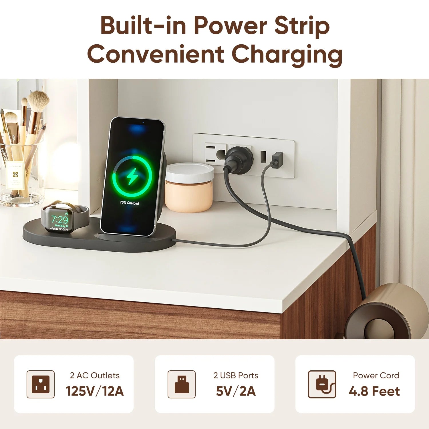 Raffle Pinker Vanity Desk Makeup Dressing Table with Mirror and Lights,4 Drawers,Storage Shelves,Power Outlet,Brown