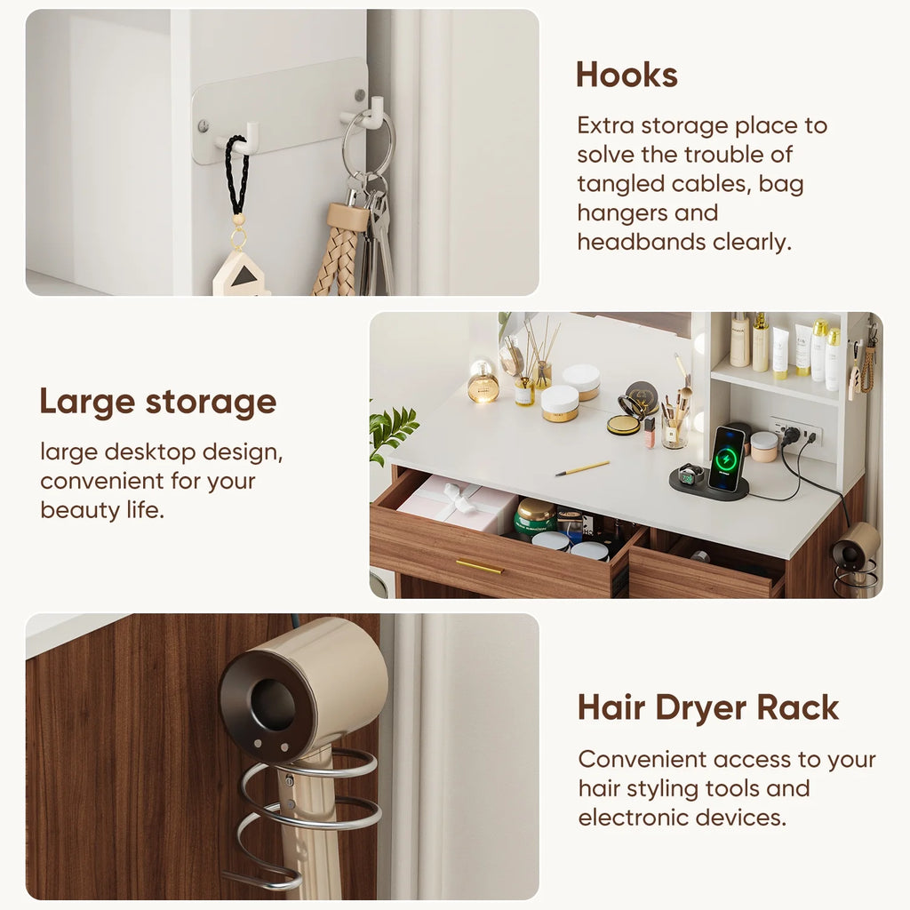 Cottinch Makeup Vanity Desks with Mirror and 3 Color Lights,Brown Vanity Dressers Bedroom Dressing Table,4 Drawers,Charging Station