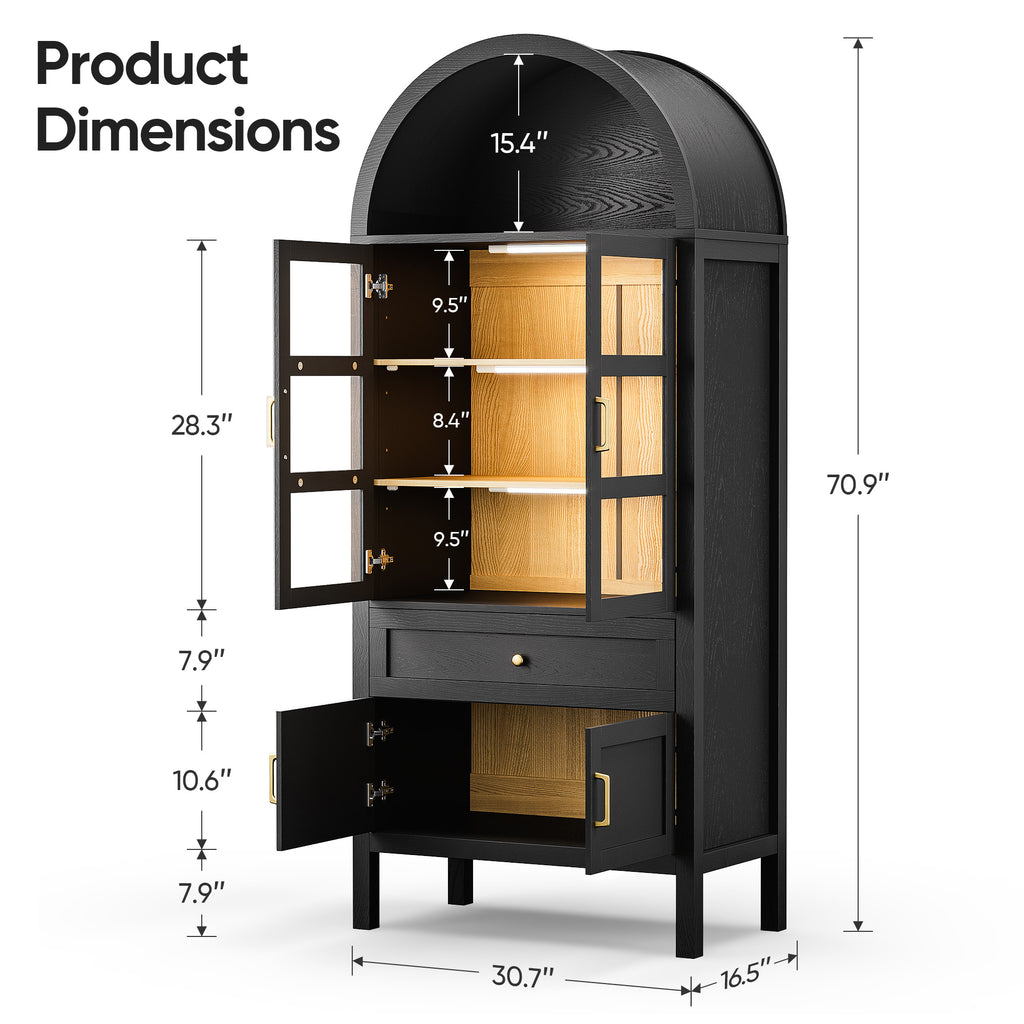 71" Tall Arched Bookshelf, Kitchen Pantry Storage Cabinet, 3-ier BooTkcase with 2 Glass Doors for Living Room, Kitchen, Home Office