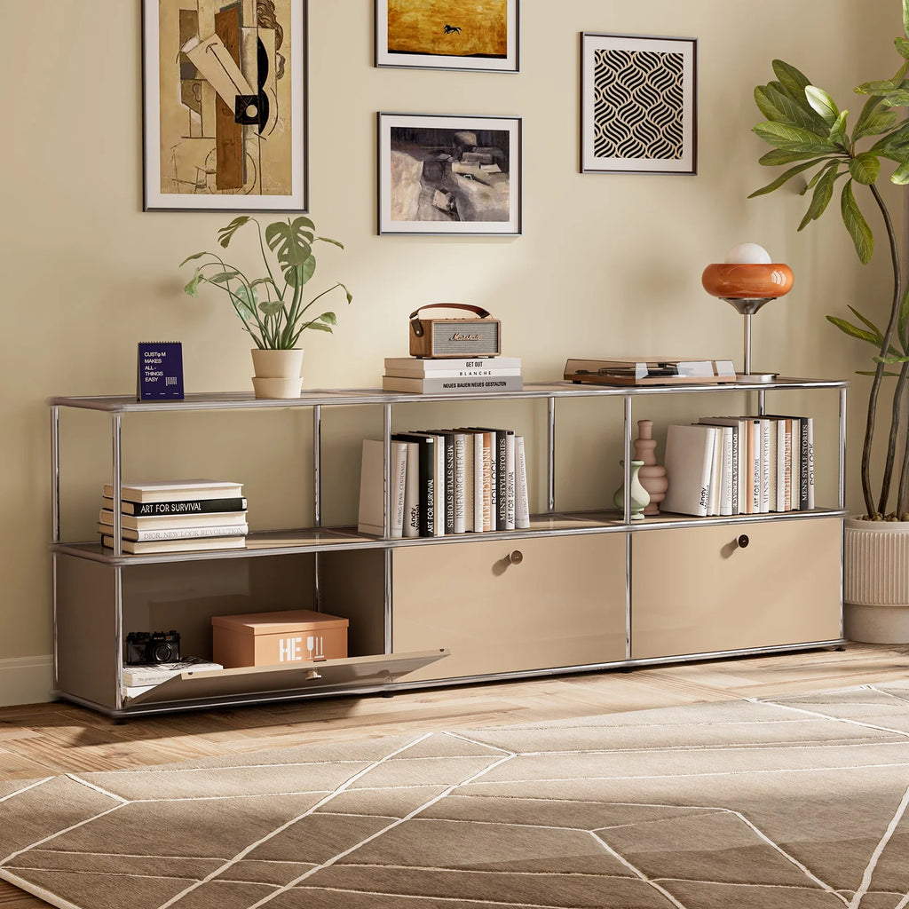 Cottinch 2-Tier Accent Cabinet,Metal Storage Cabinets with 3 Doors,Open Shelf,Freestanding Organizer for Living Room,Brown