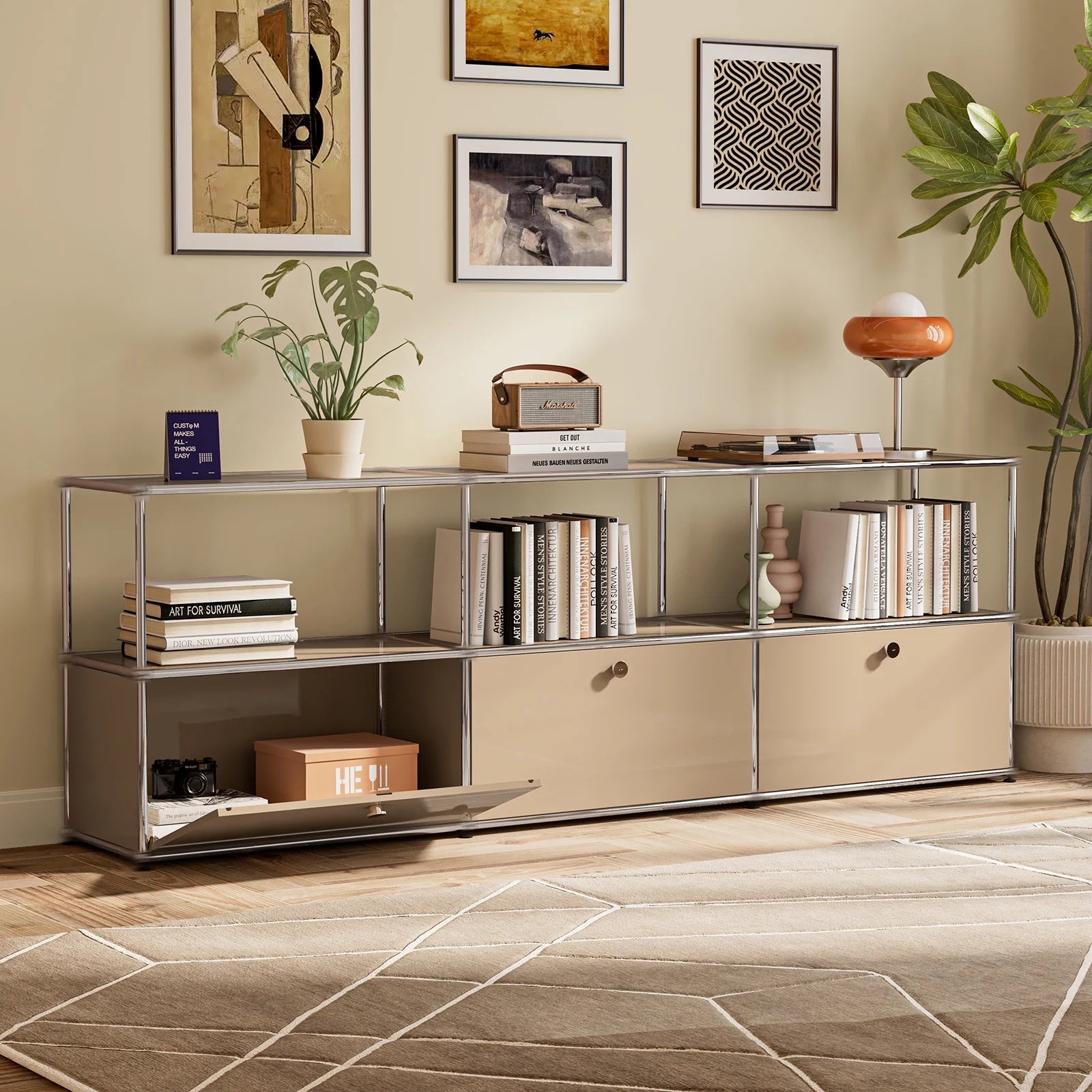 Cottinch 2-Tier Accent Cabinet,Metal Storage Cabinets with 3 Doors,Open Shelf,Freestanding Organizer for Living Room,Brown