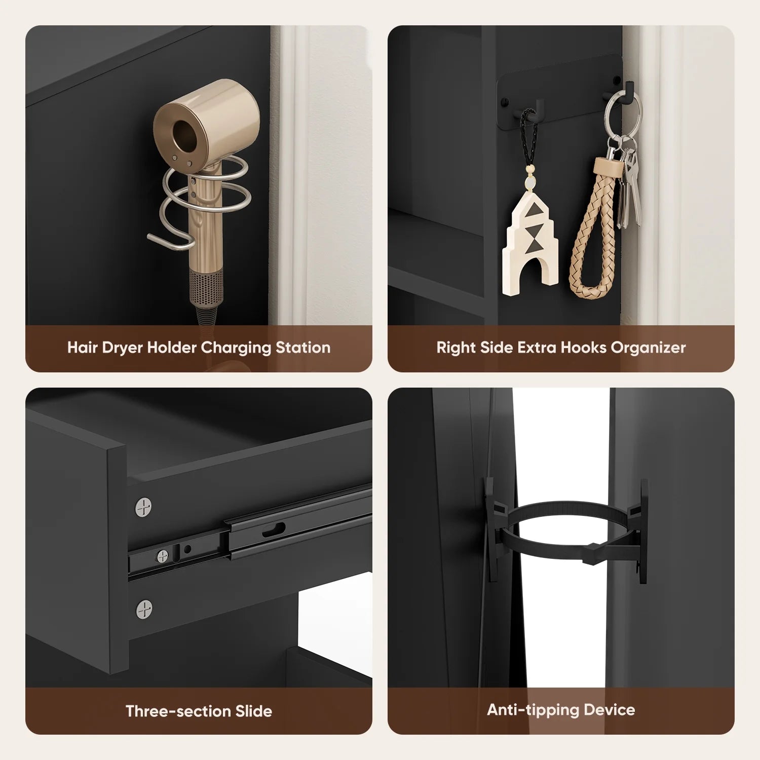 Cottinch Vanity Desk 3 Color Lighted Mirror,Makeup Dressing Table Vanity Table with 4 Drawers and Shelf,2 Outlets,2 USB Ports,Black