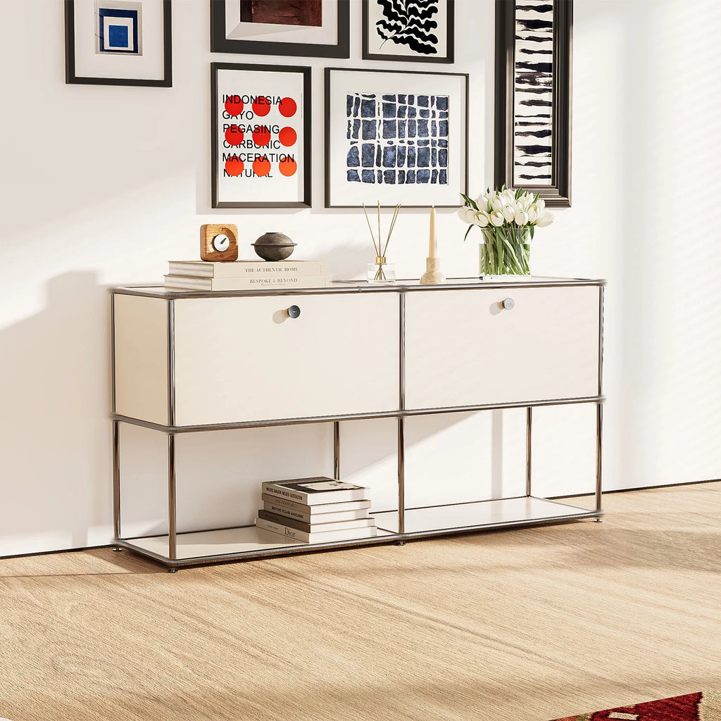 Raffle Pinker Freestanding Storage Cabinets 2-Layer Metal Cabinets with 2 Doors and Shelves for Garage,Living Room,White