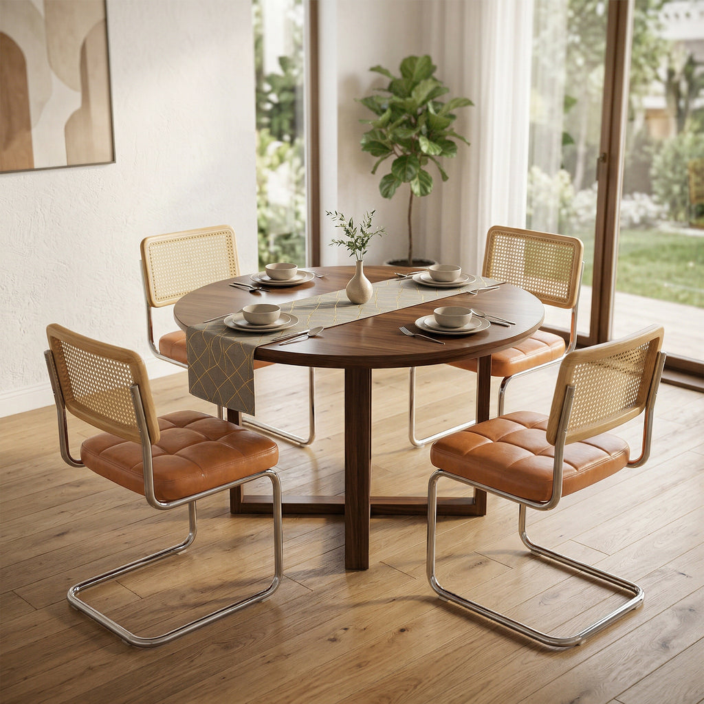 Cottinch Natural Rattan Dining Chairs Set of 2, Mid Century Modern Dining Room Chairs with Chrome Leg, Faux Leather Kitchen Chair with Wood Back