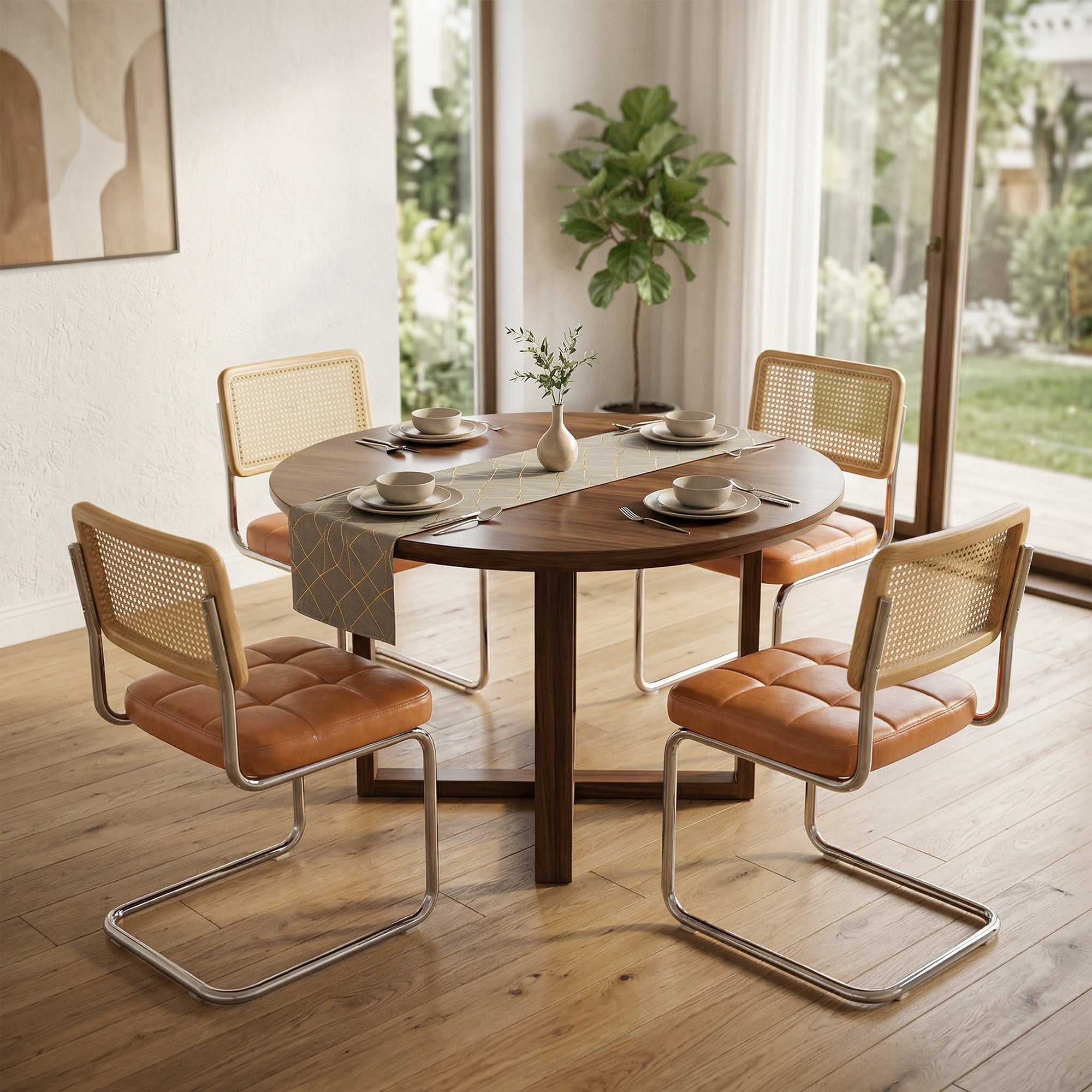 Cottinch Natural Rattan Dining Chairs Set of 2, Mid Century Modern Dining Room Chairs with Chrome Leg, Faux Leather Kitchen Chair with Wood Back