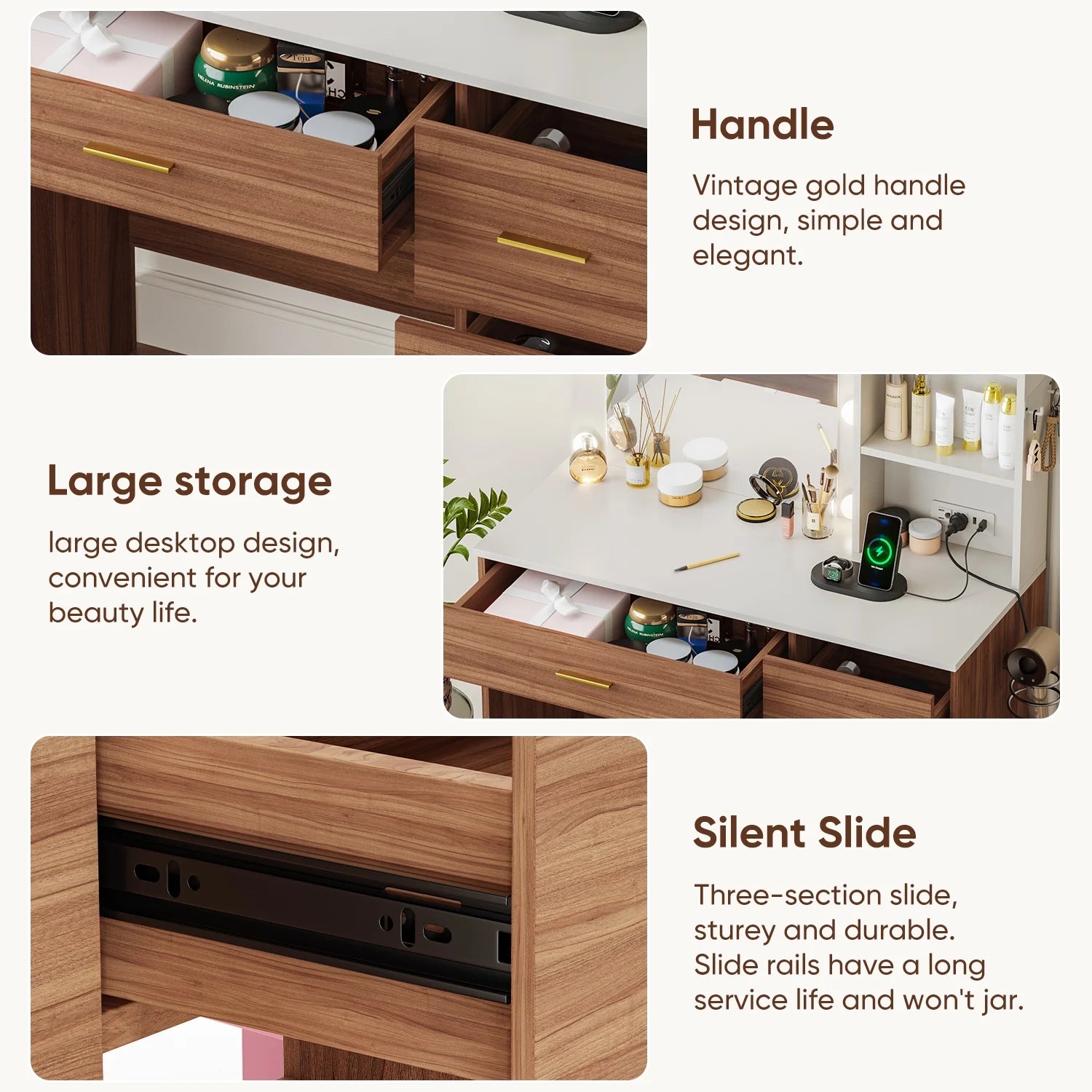 eChamp Vanity Desk with 3 Color Lights and Mirror Makeup Dressing Table with 4 Drawers,Charging Station,Adjustable Brightness Dresser,Brown