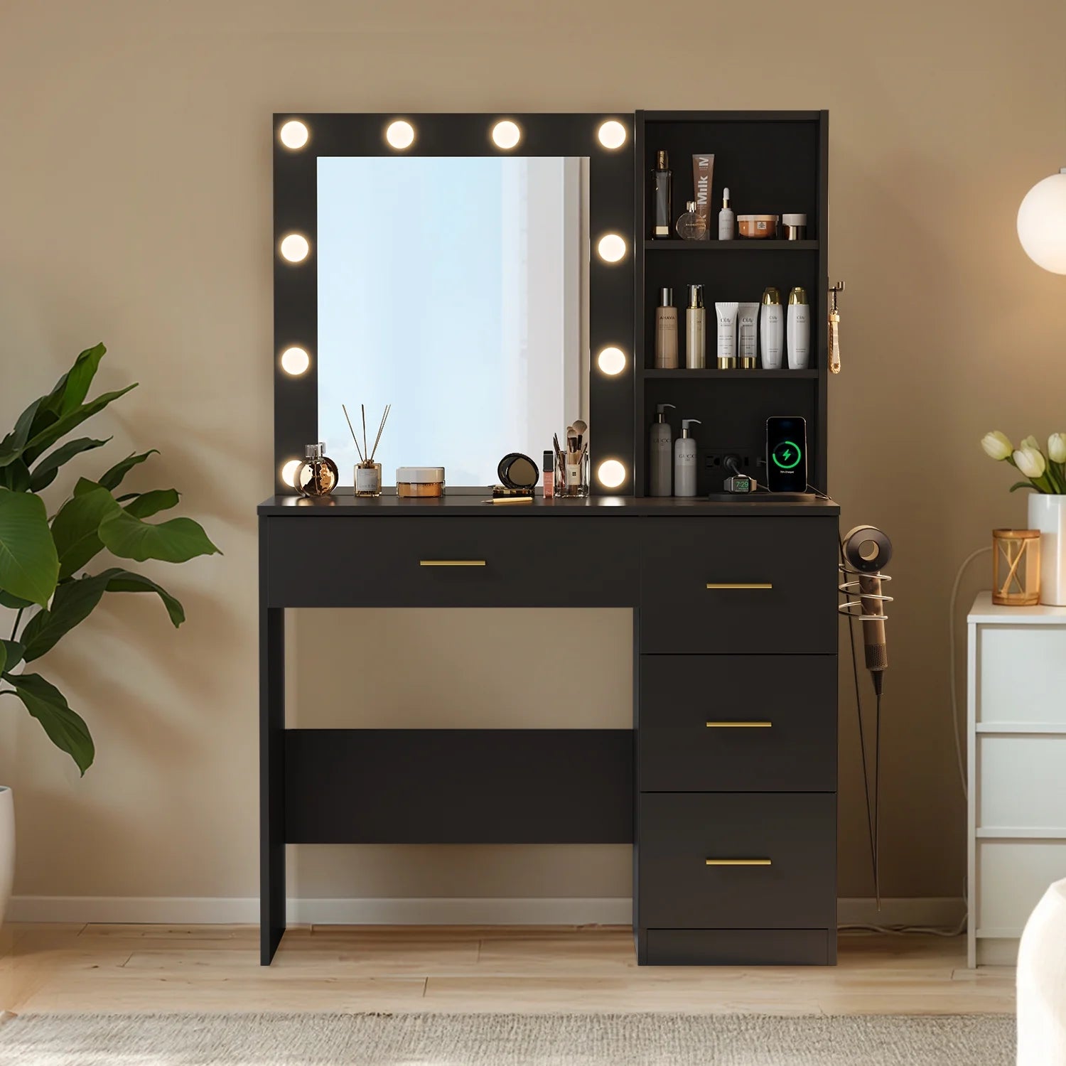 Raffle Pinker Vanity Desk Makeup Dressing Table with Mirror and Lights,4 Drawers,Storage Shelves,Power Outlet,Black