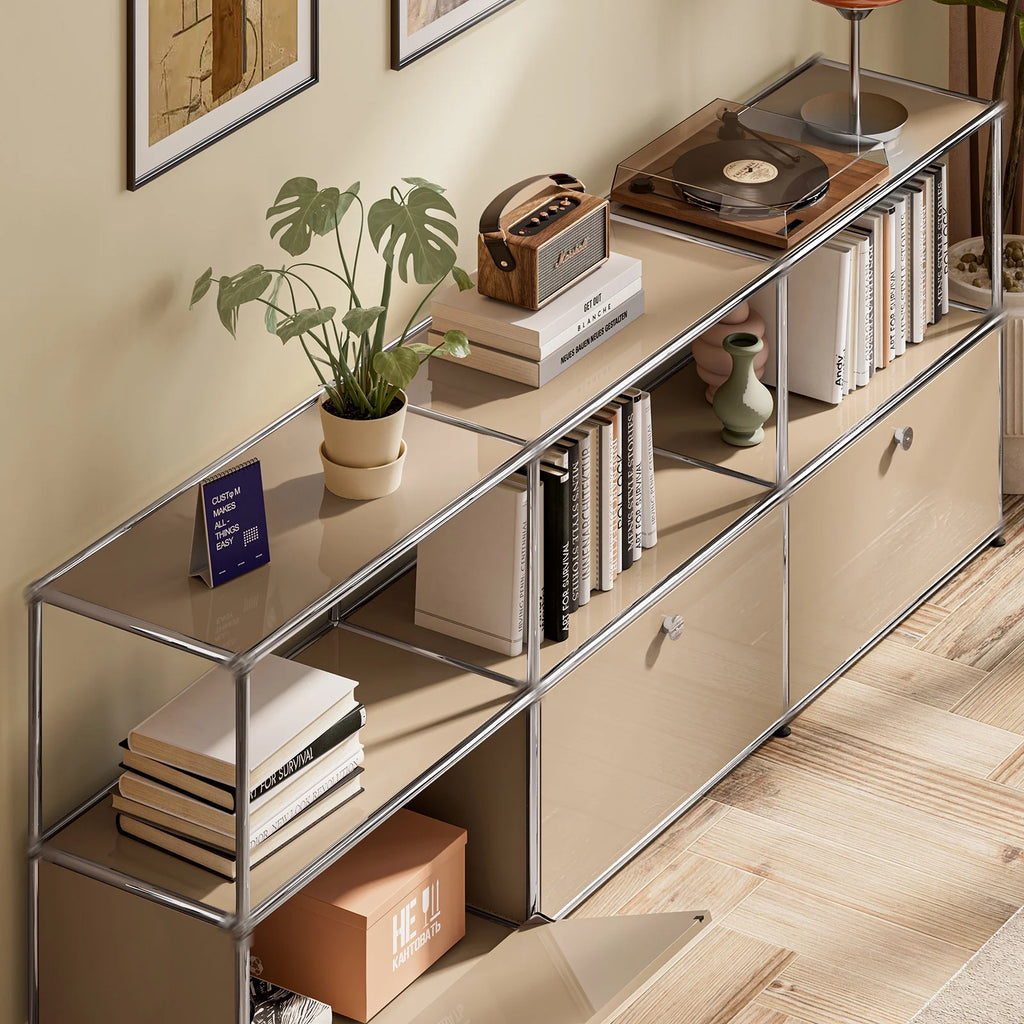 Cottinch 2-Tier Accent Cabinet,Metal Storage Cabinets with 3 Doors,Open Shelf,Freestanding Organizer for Living Room,Brown