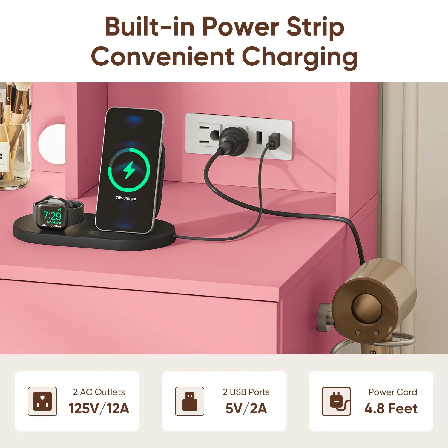 eChamp Vanity Desk with 3 Color Lights and Mirror Makeup Dressing Table with 4 Drawers,Charging Station,Adjustable Brightness Dresser,Pink