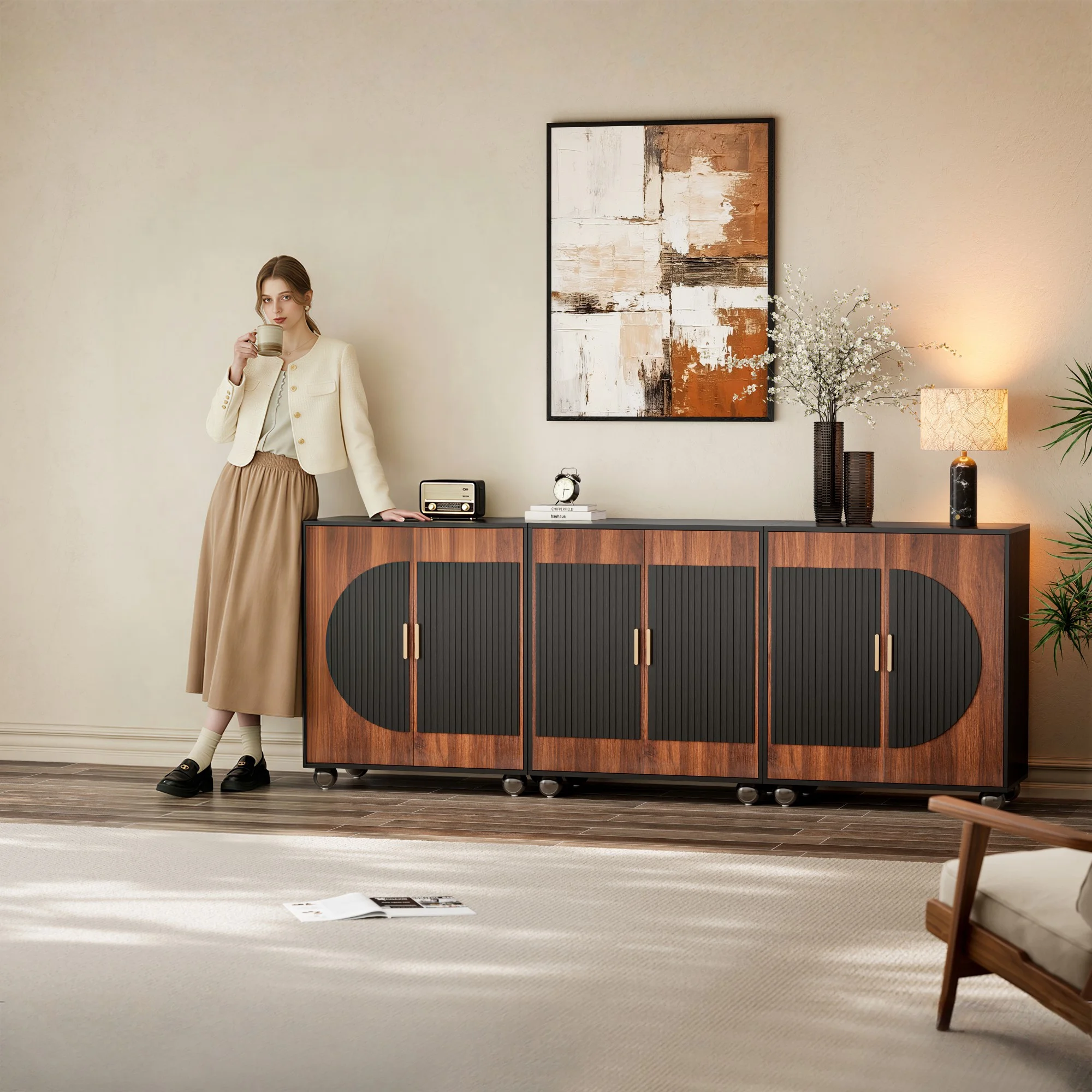 Fluted Buffet Cabinet with Storage, Large Accent Sideboard with 4 Doors & Adjustable Shelves 58" Modern Fluted Credenza Media Console Table for Living Room Kitchen Dining Room