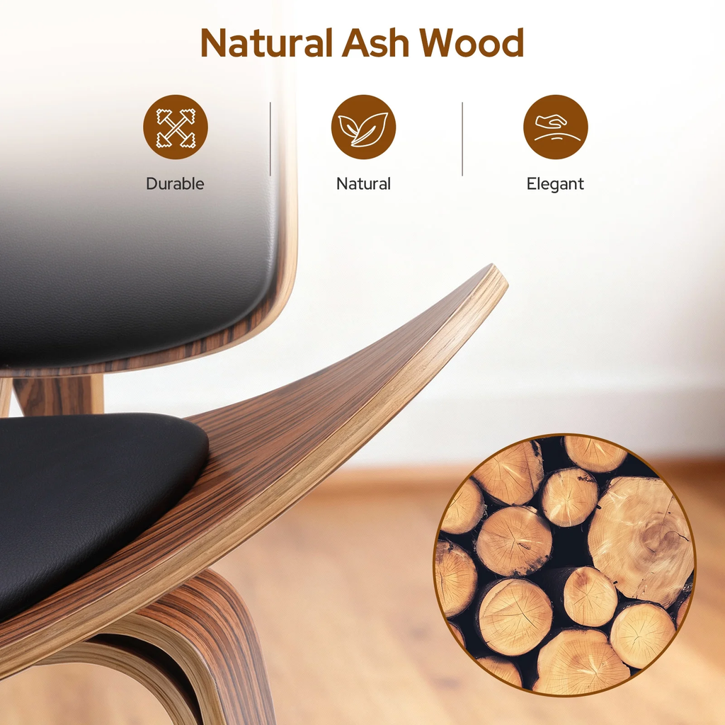 Cottinch Mid Century Modern Shell Lounge Chair, Tripod Plywood Design Solid Wood Accent Chair Black PU Leather Chair Armless Chair for Living Room, Reading, Lounge, Office, Rosewood