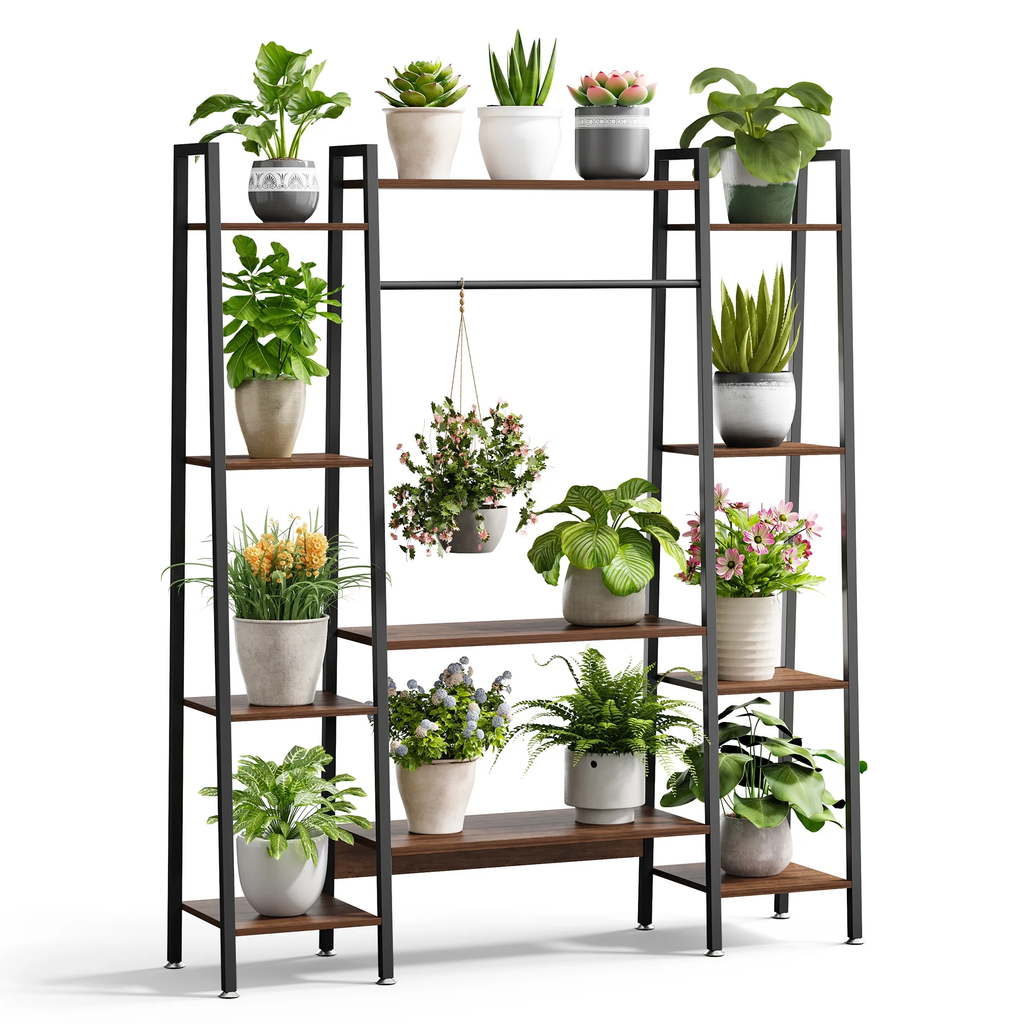 Raffle Pinker Plant Stand with Grow Lights, LED Plant Shelf for Indoor Plants,3 Timer & 10 Dimming Levels,180LB Capacity,Waterproof Iron Frame Holds 15 Pots