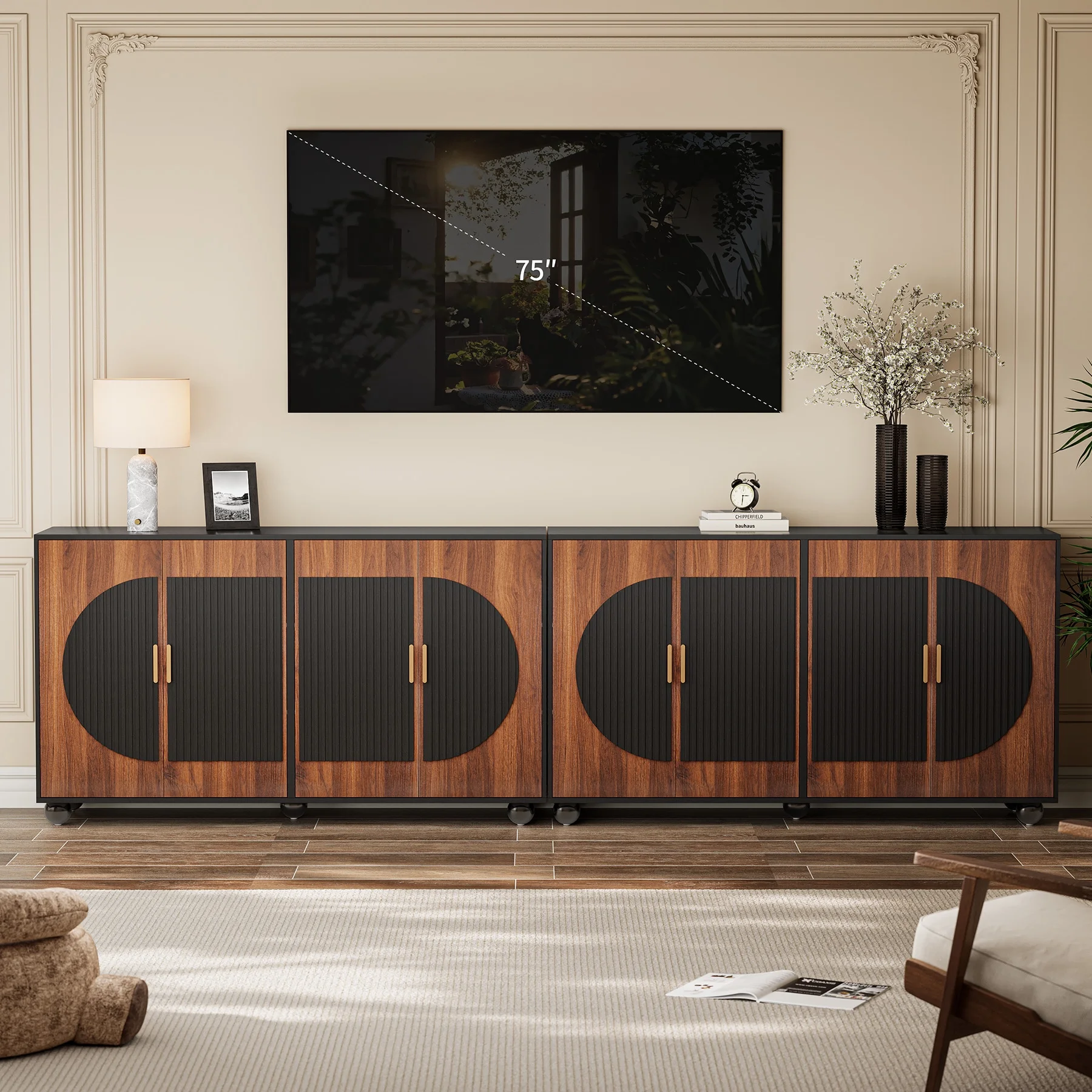 Fluted Buffet Cabinet with Storage, Large Accent Sideboard with 4 Doors & Adjustable Shelves 58" Modern Fluted Credenza Media Console Table for Living Room Kitchen Dining Room