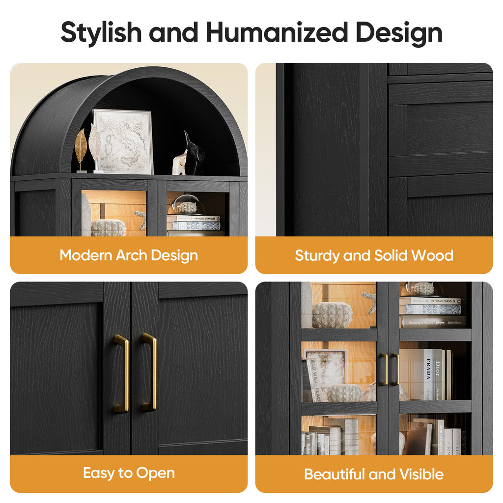 71" Tall Arched Bookshelf, Kitchen Pantry Storage Cabinet, 3-ier BooTkcase with 2 Glass Doors for Living Room, Kitchen, Home Office