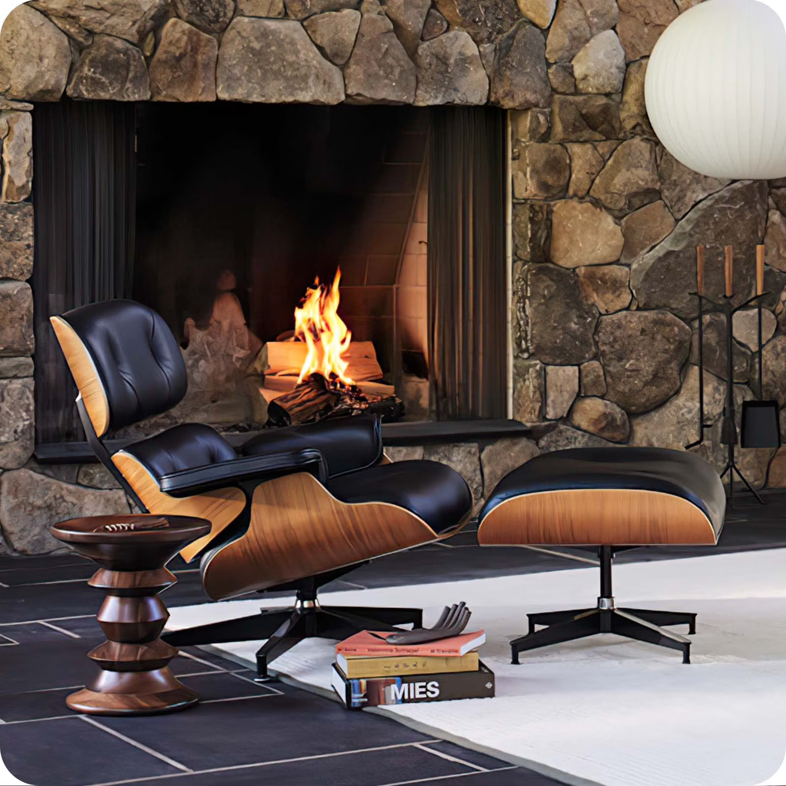 Mid-Century Chaise Lounge Chair with Ottoman Leather Armchair Swivel Accent Chair and Metal Base,Walnut Pattern,Black