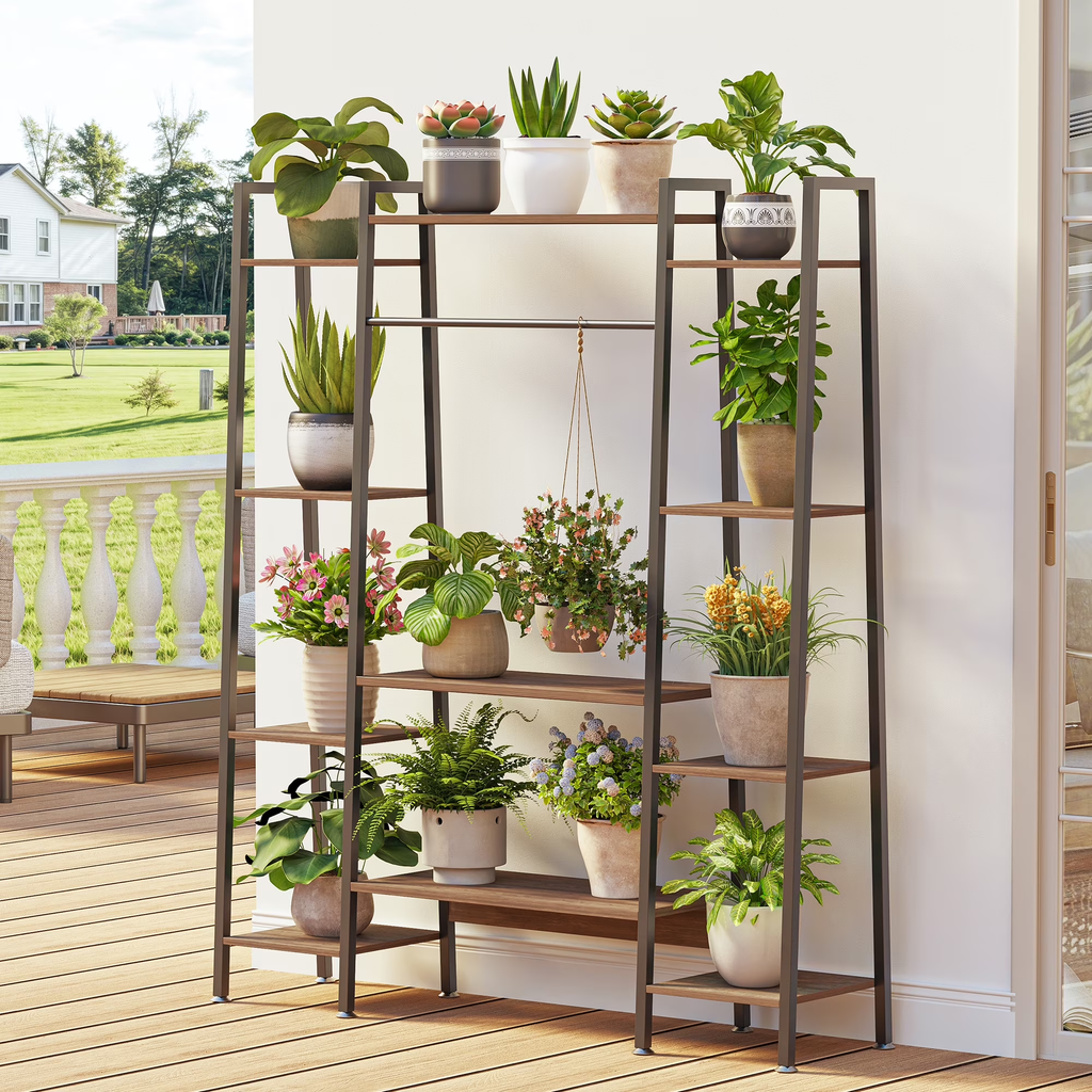 Raffle Pinker Plant Stand with Grow Lights, LED Plant Shelf for Indoor Plants,3 Timer & 10 Dimming Levels,180LB Capacity,Waterproof Iron Frame Holds 15 Pots