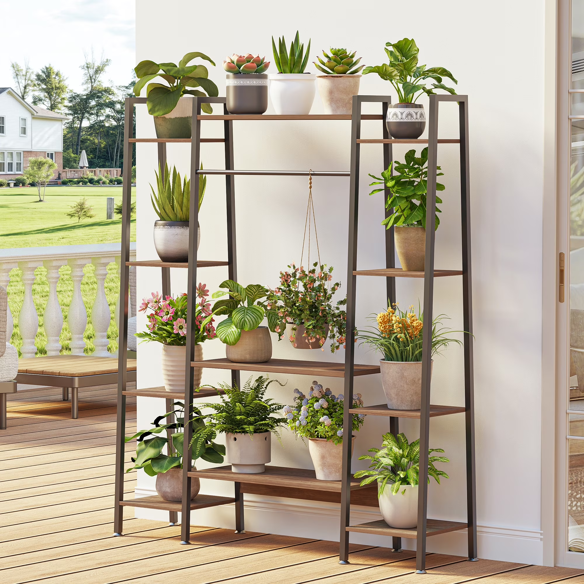 Raffle Pinker Plant Stand with Grow Lights, LED Plant Shelf for Indoor Plants,3 Timer & 10 Dimming Levels,180LB Capacity,Waterproof Iron Frame Holds 15 Pots