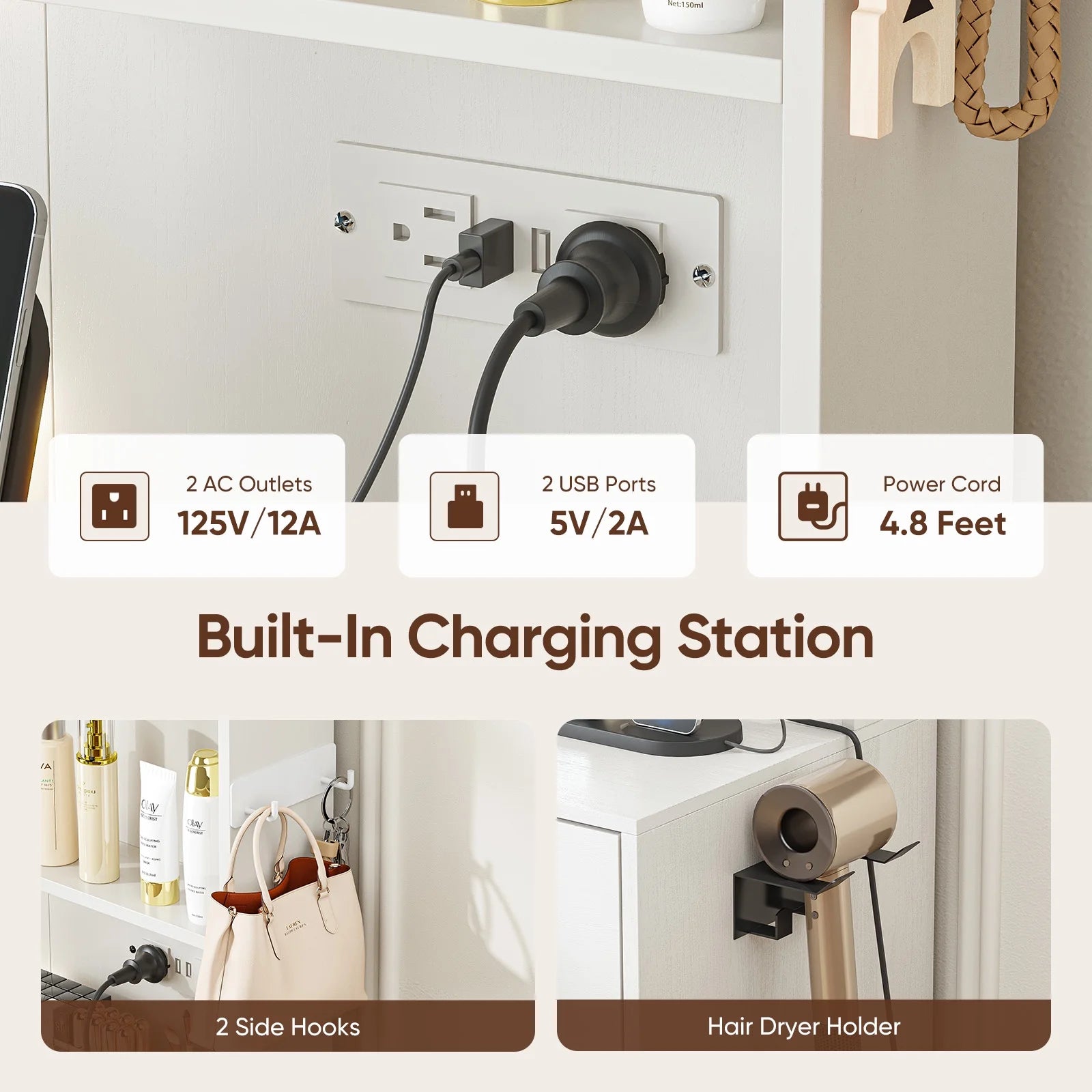Makeup Vanity with Lighted Mirror and 7 Drawers,3 Color Lights Vanity Desk,Adjustable Brightness Vanity Table,Charging Station,Jewerly Hooks and Shelves,White