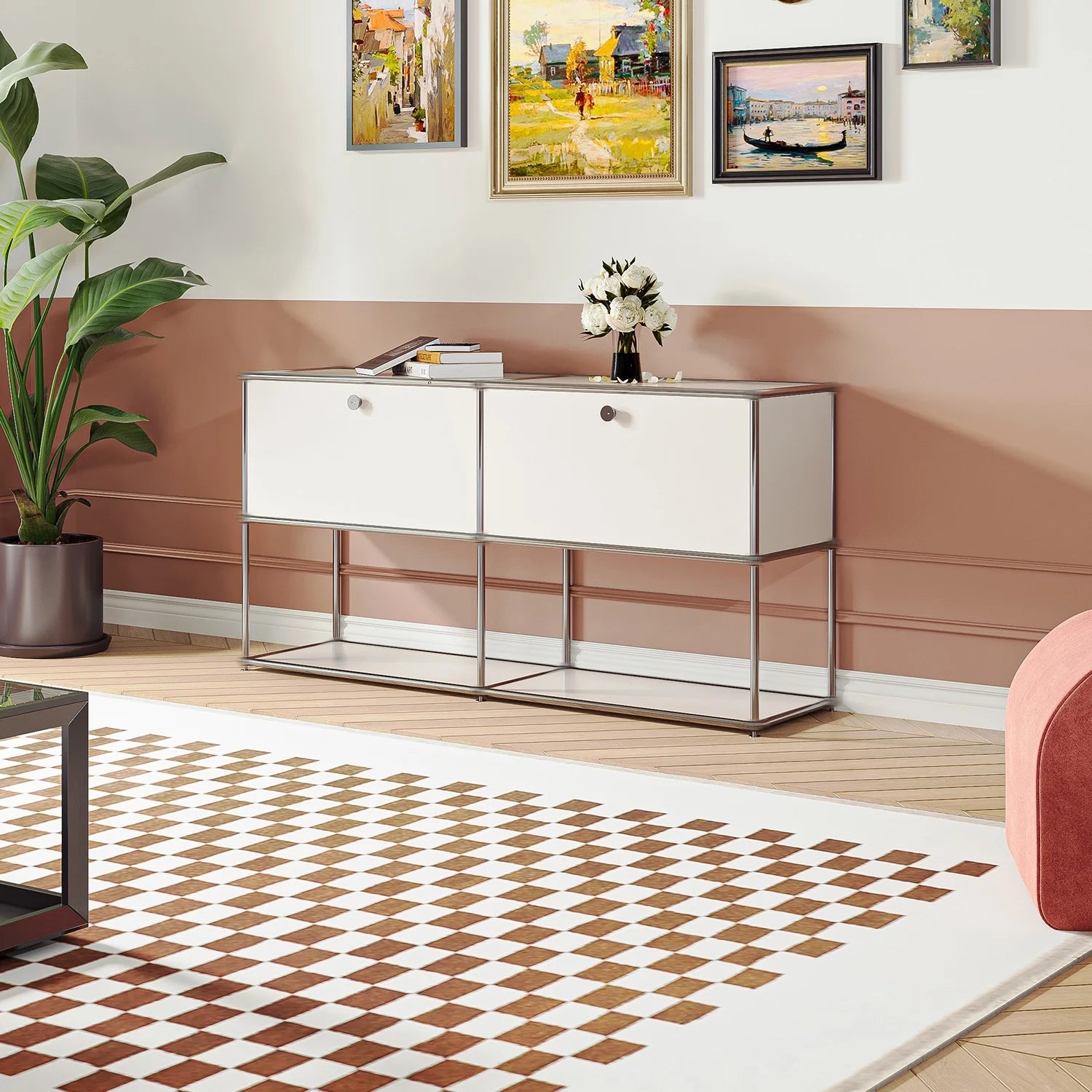 Raffle Pinker Freestanding Storage Cabinets 2-Layer Metal Cabinets with 2 Doors and Shelves for Garage,Living Room,White