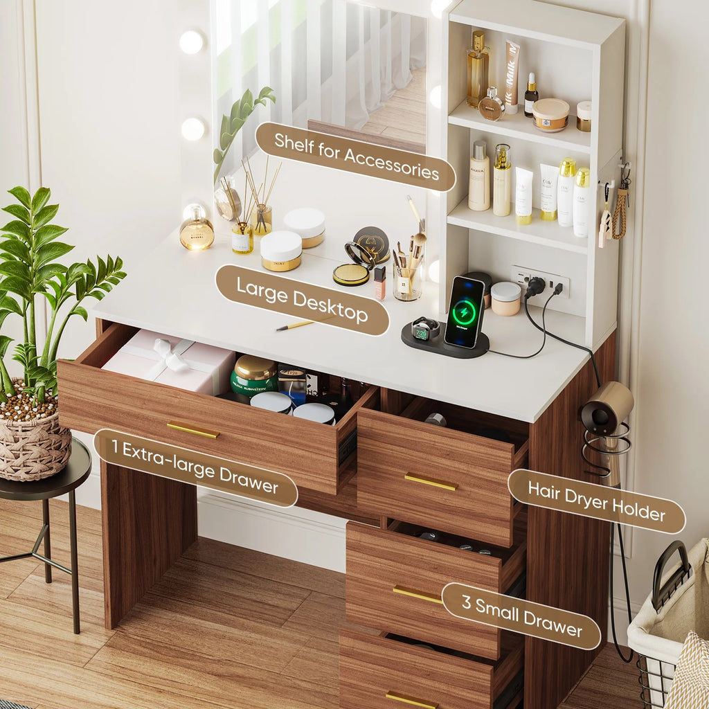 Raffle Pinker Makeup Vanity Desk Dressing Table with 4 Drawers,Storage Shelves,Power Outlet