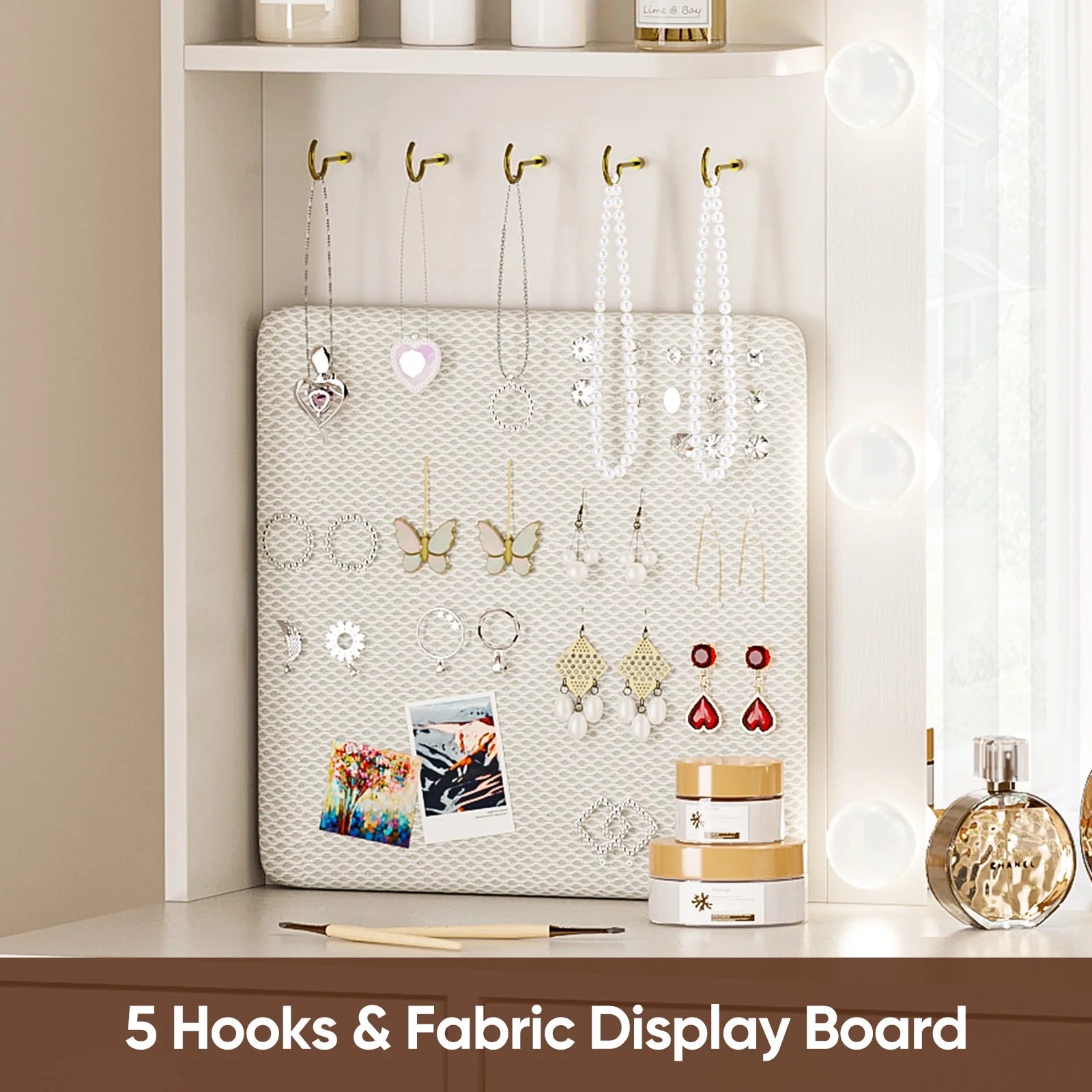 eChamp Makeup Vanity Desk with 3 Color Lights and Mirror,Dressing Vanity Table 7 Drawers,Charging Station,Hooks & Shelves,Adjustable Brightness Dresser, White