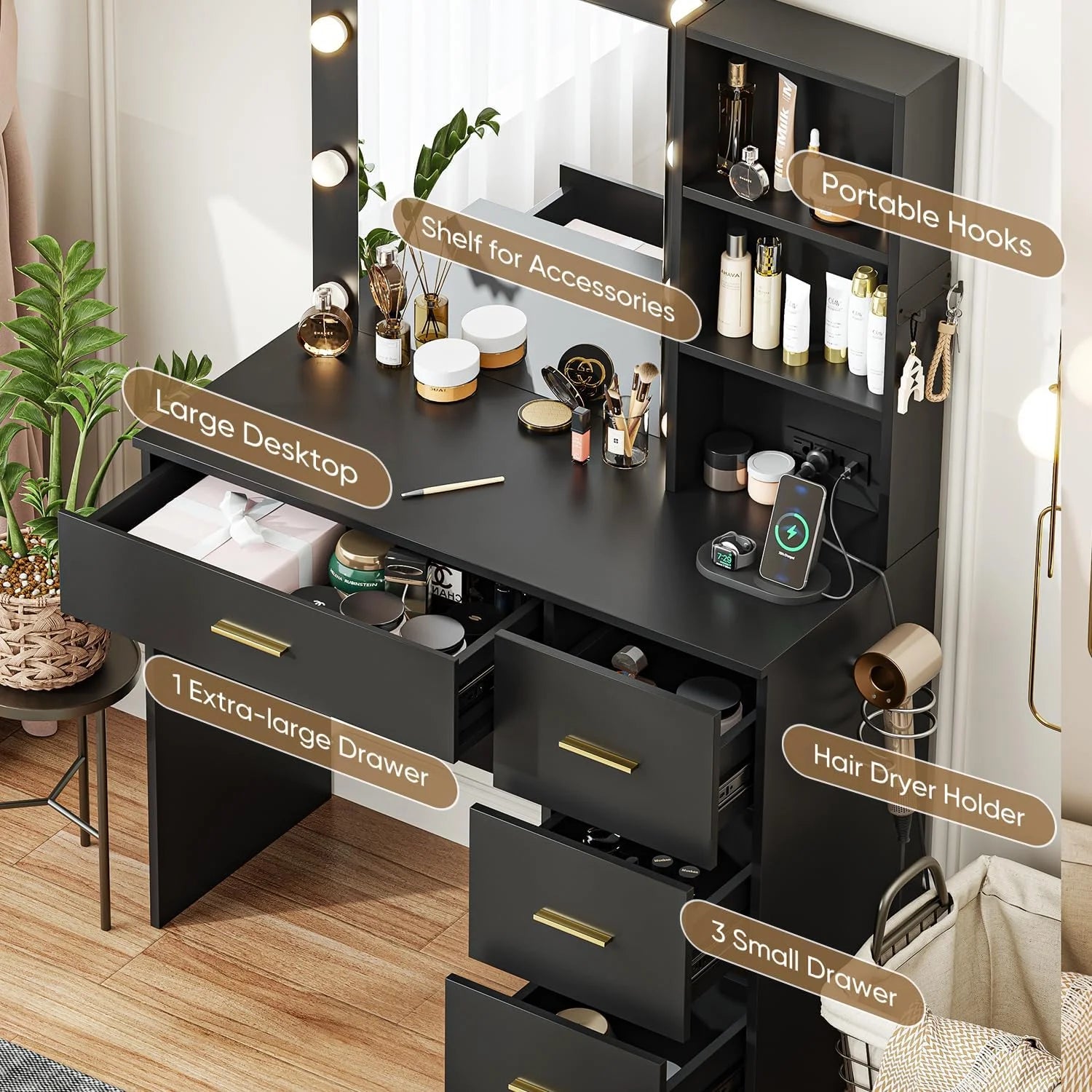 Raffle Pinker Makeup Vanity Desk Dressing Table with 4 Drawers,Storage Shelves,Power Outlet