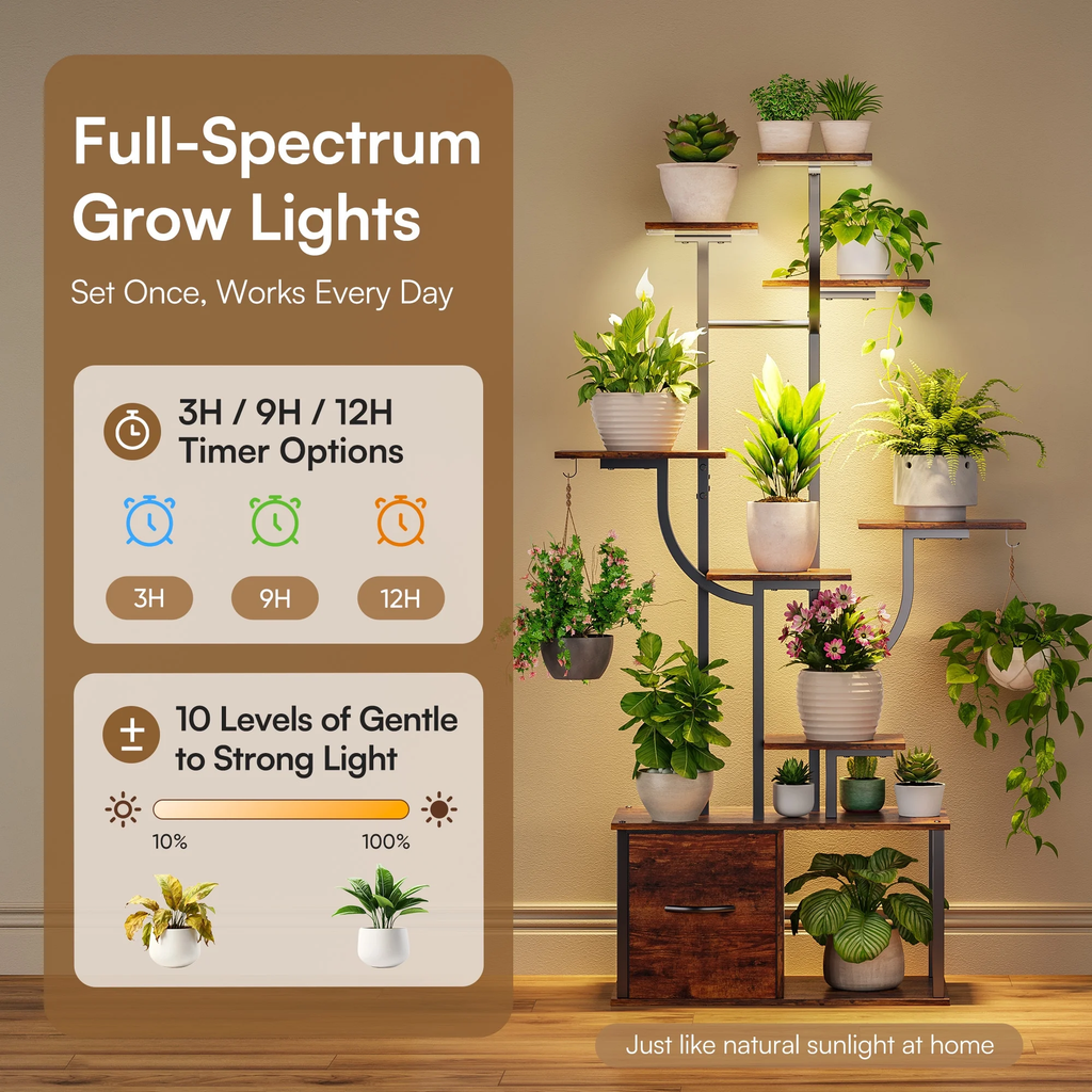 eChamp Plant Stand with Grow Light 3 Color Modes & Storage Drawer, 59" Tall Indoor Plant Shelf 9-Tier Metal Plant Rack Flower Holder for Home, Patio, 10 Brightness Levels, Timer, Wide Base