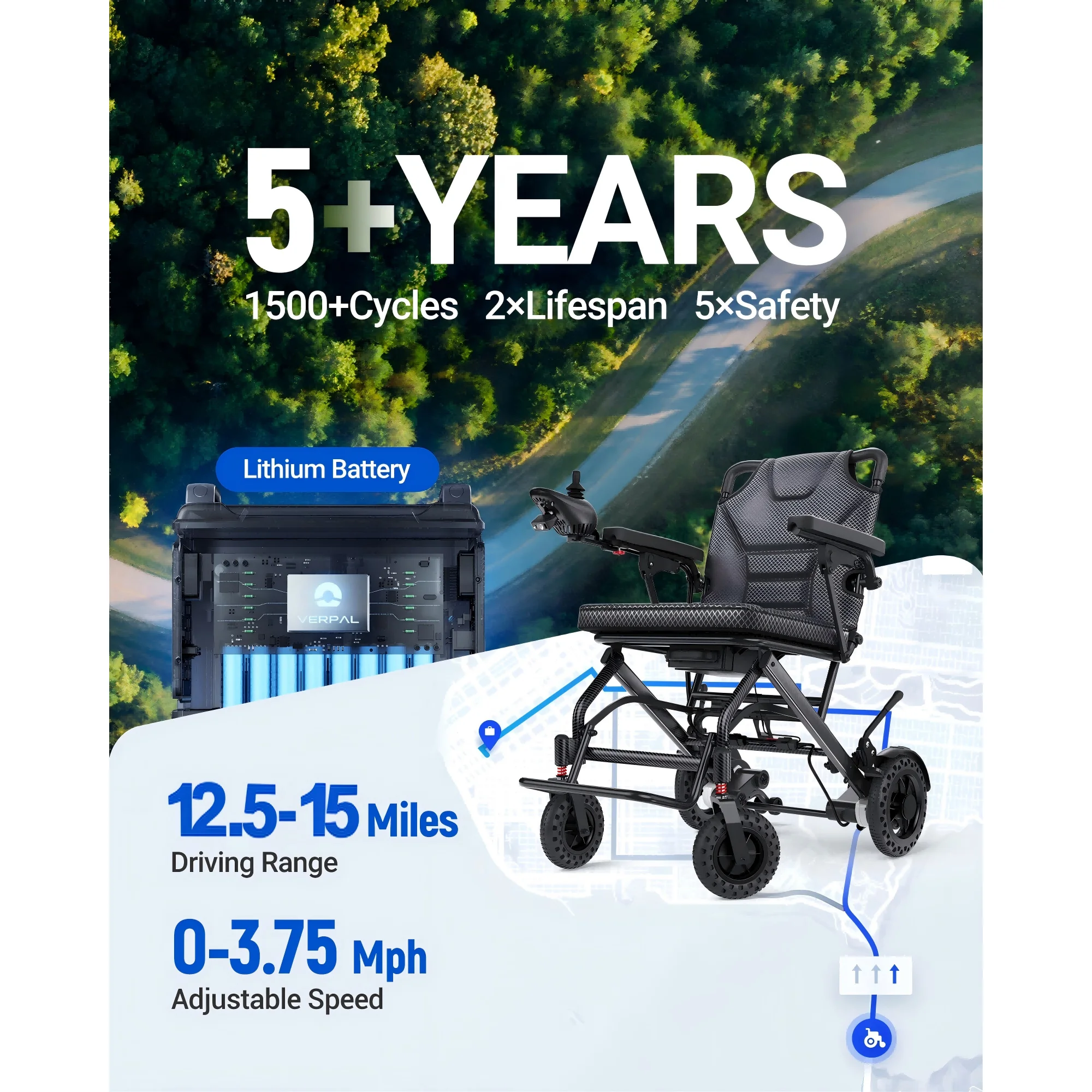 Verpal 39.7lb Lightweight Electric Wheelchairs for Seniors,15 Miles Range,18.5" Cushion Seat,Up to 300lb,12Ah Airline Approved