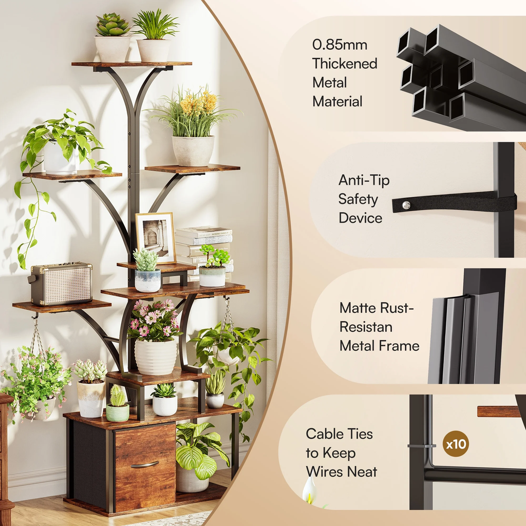 eChamp Plant Stand with Grow Light 3 Color Modes & Storage Drawer, 63" Tall Indoor Plant Shelf 10-Tier Metal Plant Rack Flower Holder for Home, Patio, 10 Brightness Levels, Timer, Wide Base
