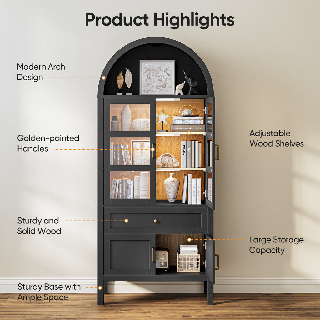 Raffle Pinker 71" Tall Arched Pantry Cabinets Storage Cabinet with Glass Doors,LED Lights,Adjustable Shelves for Living Room Kitchen,Black