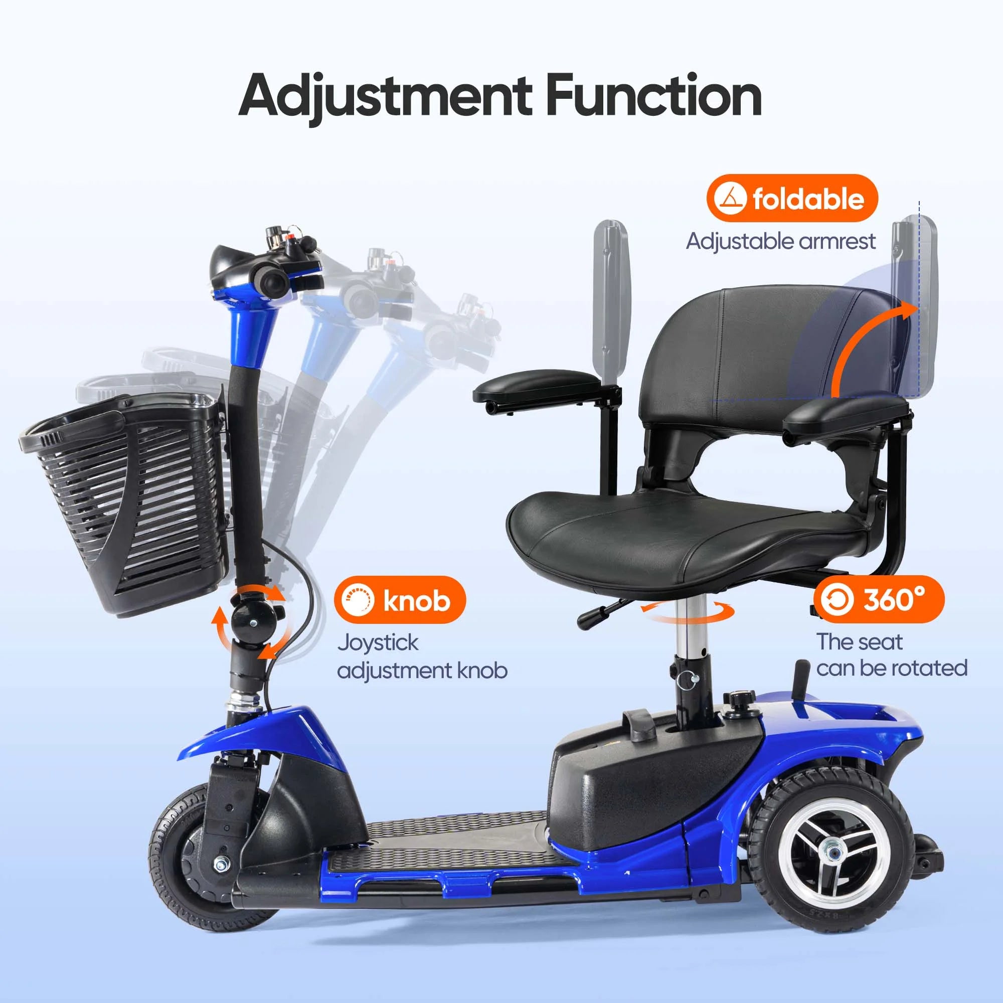 Morrean 3 Wheel Electric Powered Mobility Scooter, with Lighting Folding Travel Mobile Wheelchair for Seniors, Gift for Elderly, Blue