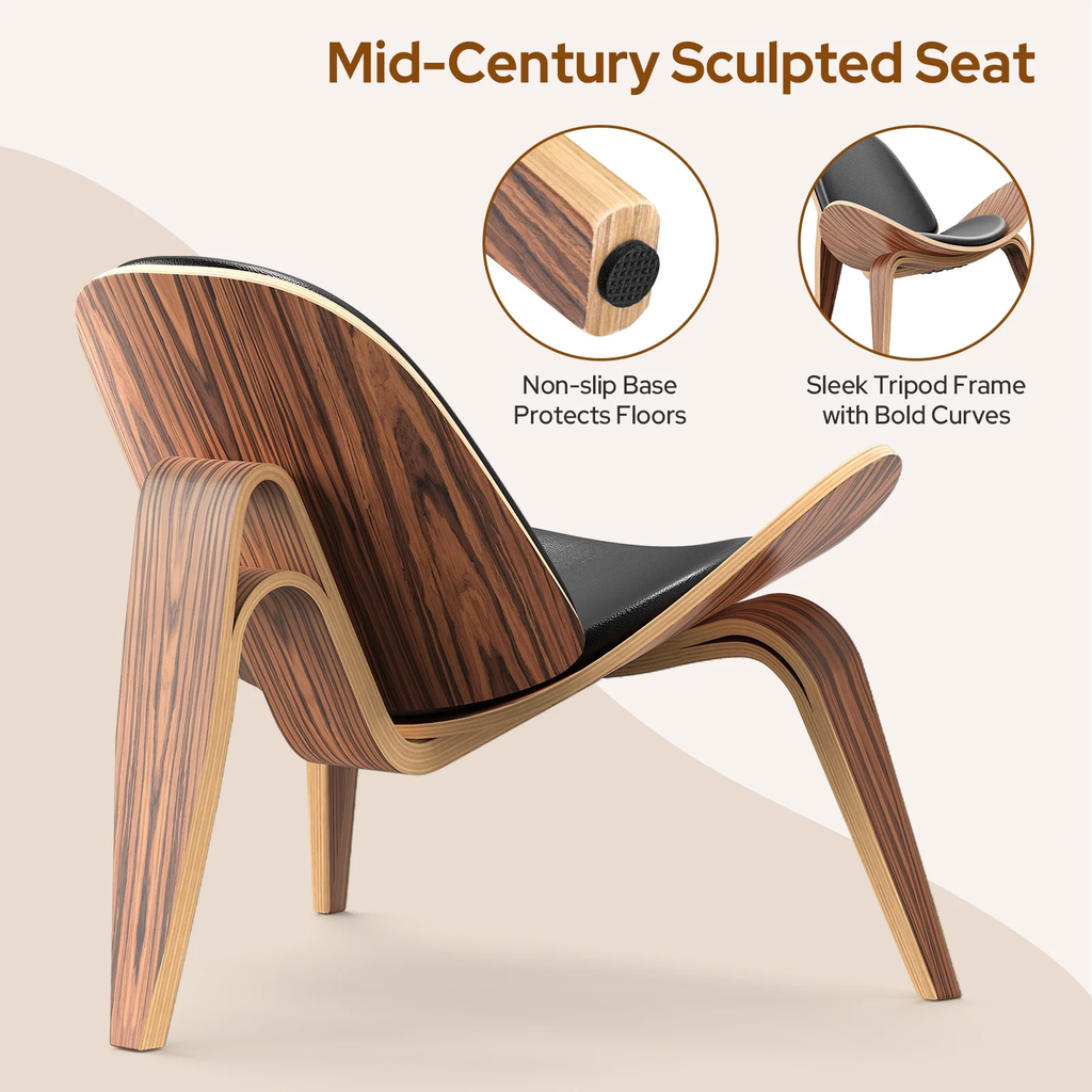 Cottinch Mid Century Modern Shell Lounge Chair, Tripod Plywood Design Solid Wood Accent Chair Black PU Leather Chair Armless Chair for Living Room, Reading, Lounge, Office, Rosewood
