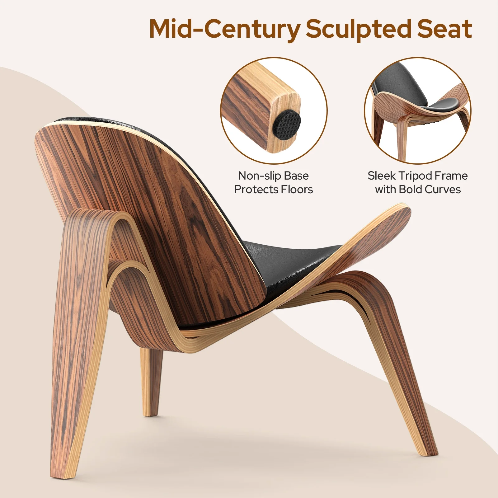Cottinch Mid Century Modern Shell Lounge Chair, Tripod Plywood Design Solid Wood Accent Chair Black PU Leather Chair Armless Chair for Living Room, Reading, Lounge, Office, Rosewood