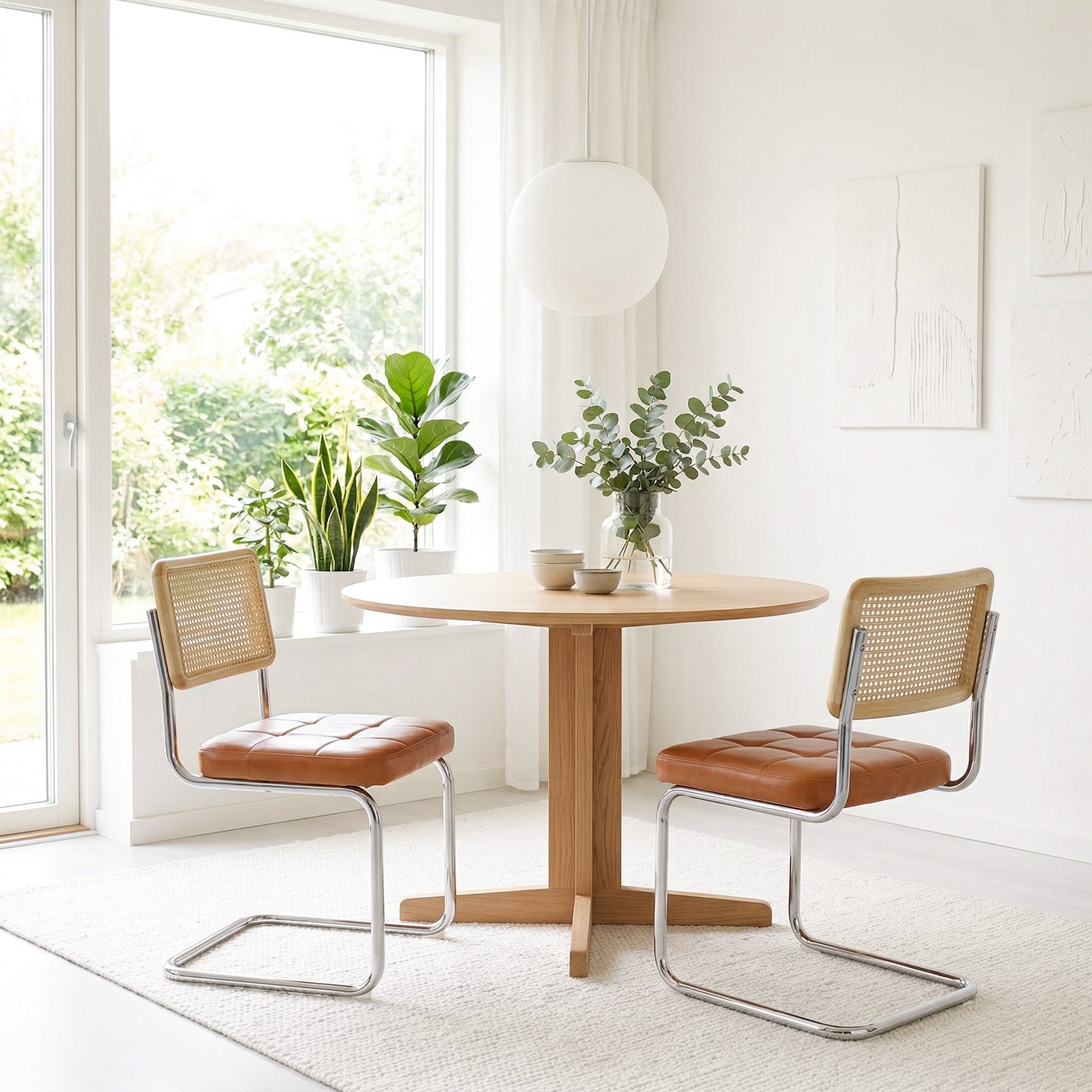 Cottinch Natural Rattan Dining Chairs Set of 2, Mid Century Modern Dining Room Chairs with Chrome Leg, Faux Leather Kitchen Chair with Wood Back