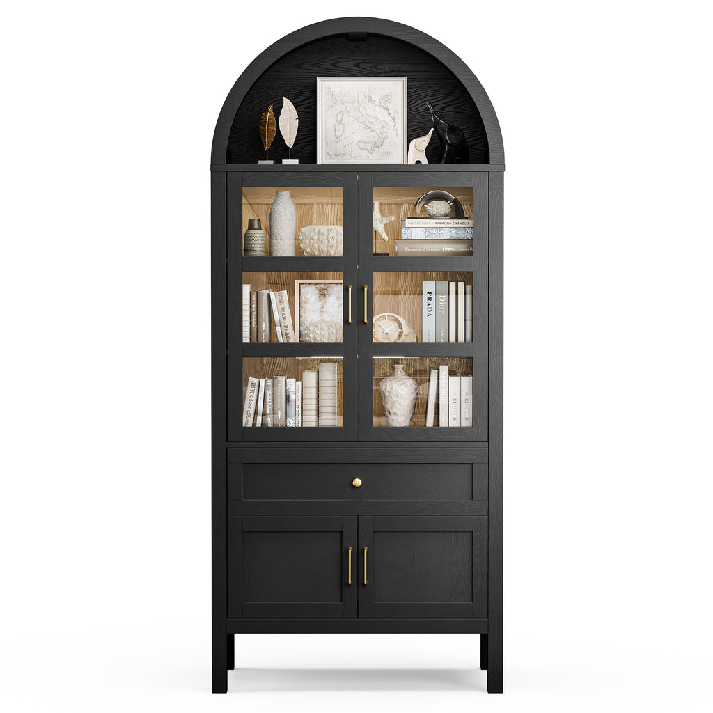71" Tall Arched Bookshelf, Kitchen Pantry Storage Cabinet, 3-ier BooTkcase with 2 Glass Doors for Living Room, Kitchen, Home Office