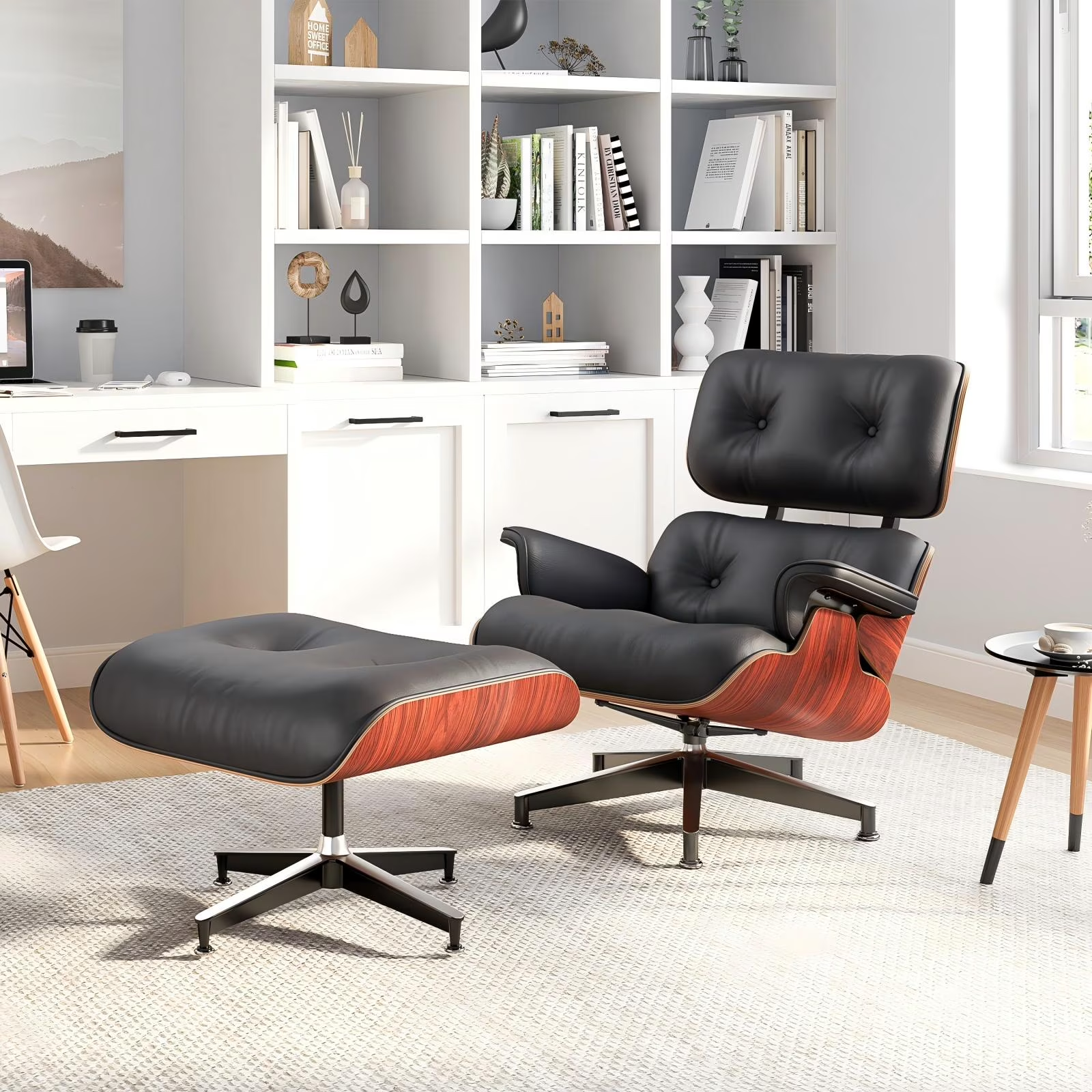 Mid-Century Chaise Lounge Chair with Ottoman Leather Armchair Swivel Accent Chair and Metal Base,Walnut Pattern,Black