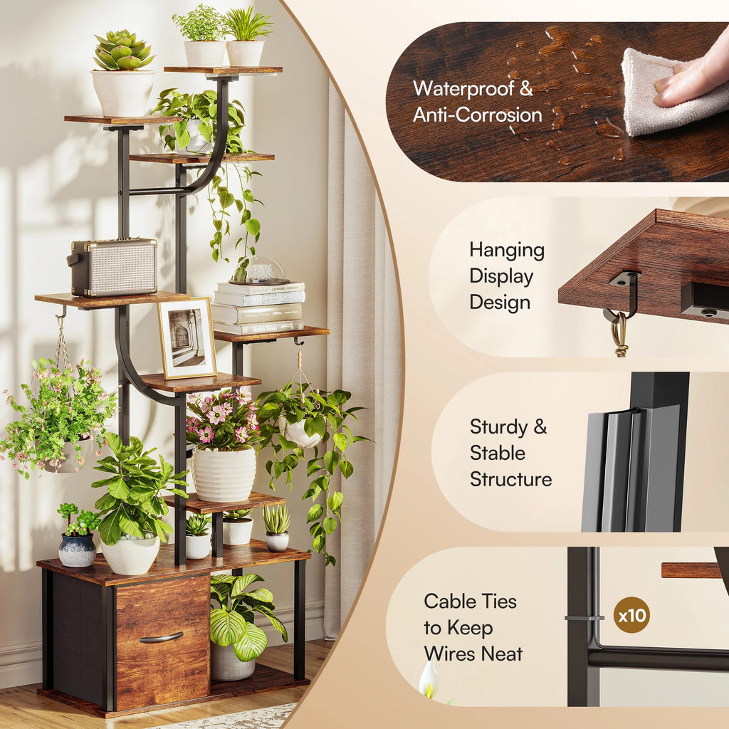 eChamp Plant Stand with Grow Light 3 Color Modes & Storage Drawer, 59" Tall Indoor Plant Shelf 9-Tier Metal Plant Rack Flower Holder for Home, Patio, 10 Brightness Levels, Timer, Wide Base