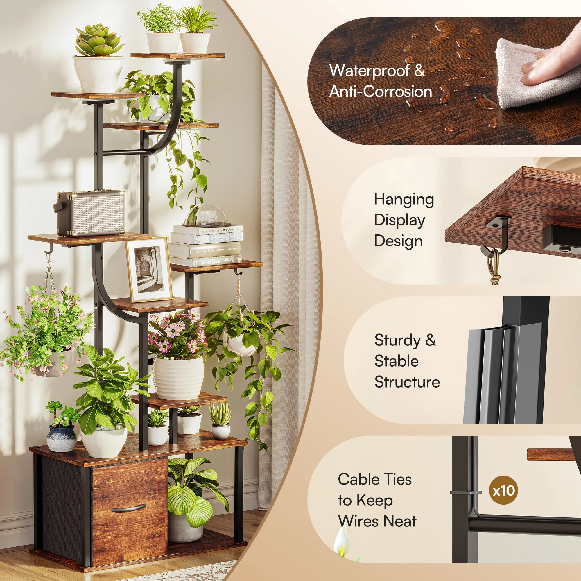 eChamp Plant Stand with Grow Light 3 Color Modes & Storage Drawer, 59" Tall Indoor Plant Shelf 9-Tier Metal Plant Rack Flower Holder for Home, Patio, 10 Brightness Levels, Timer, Wide Base