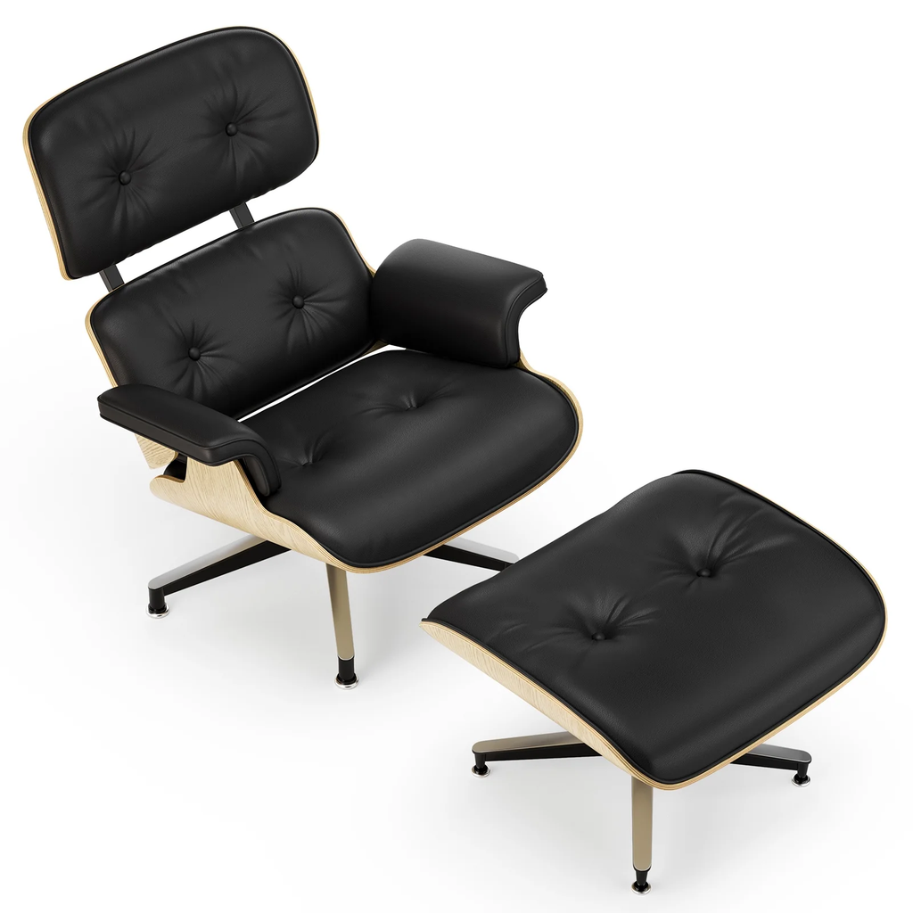 Cottinch Top Black Grain Leather, Mid Century Chaise Lounge Chair with Ottoman, Modern Leather Armchair Swivel Accent Chair and Metal Base for Living Room Office, Walnut Pattern