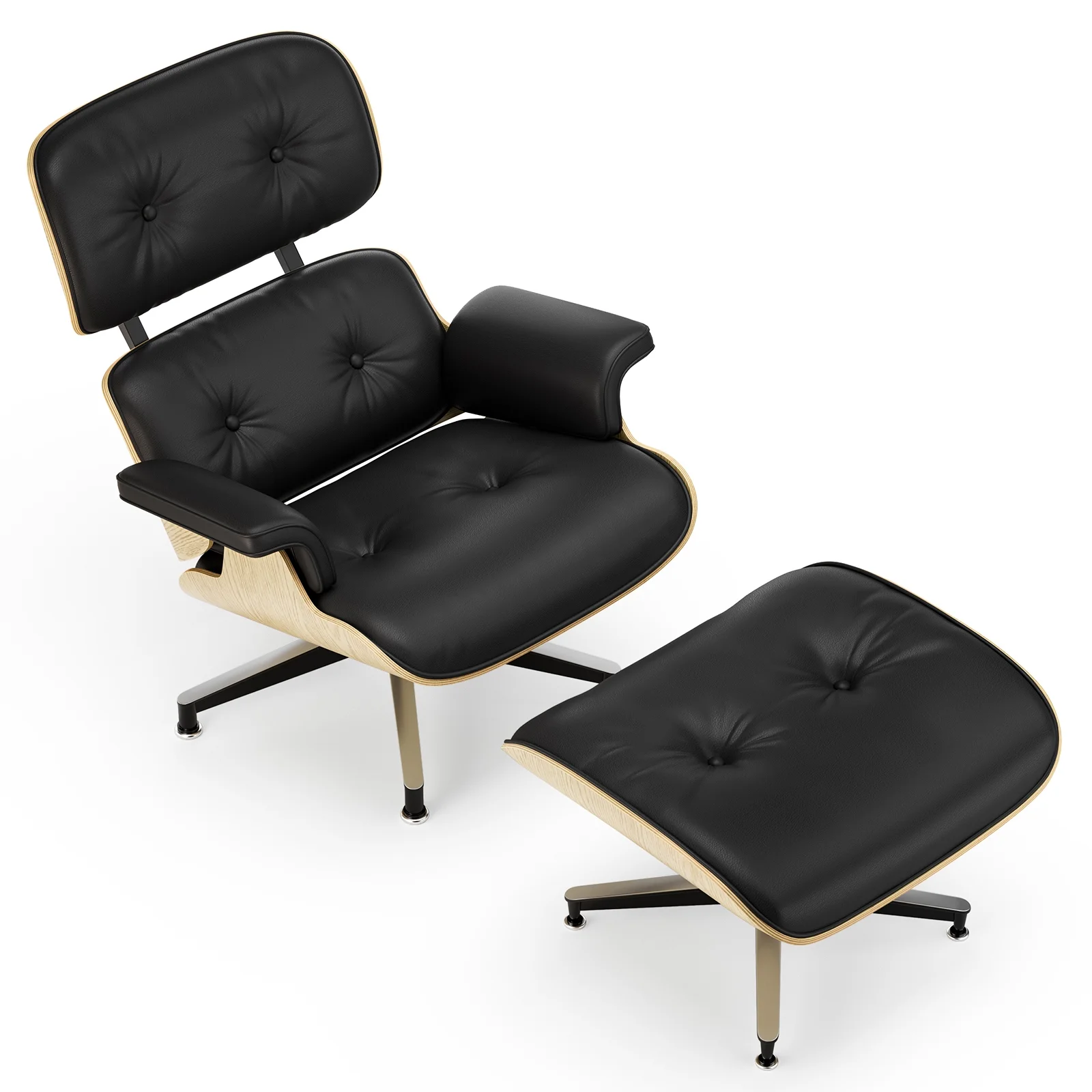Cottinch Top Black Grain Leather, Mid Century Chaise Lounge Chair with Ottoman, Modern Leather Armchair Swivel Accent Chair and Metal Base for Living Room Office, Walnut Pattern