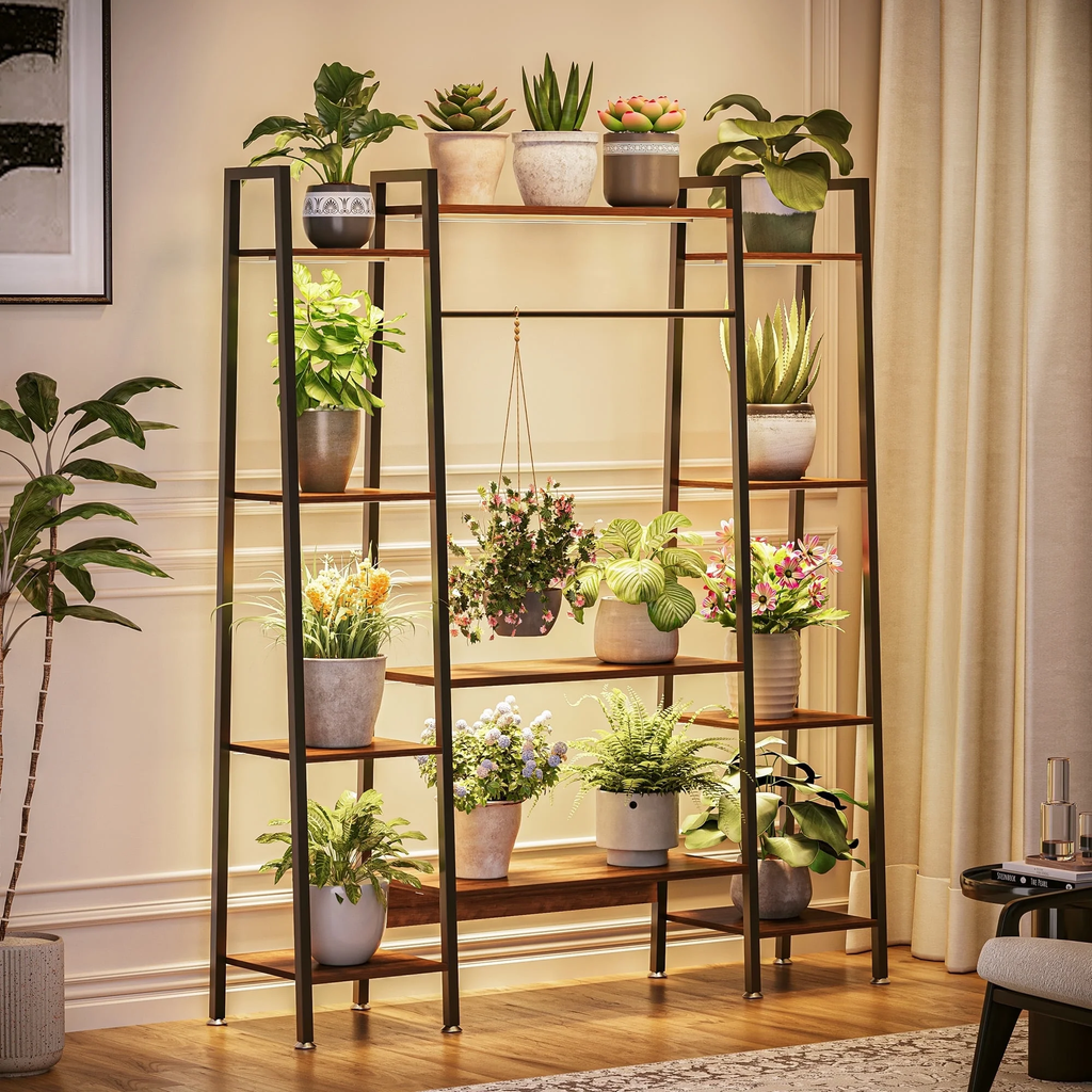 Raffle Pinker Plant Stand with Grow Lights, LED Plant Shelf for Indoor Plants,3 Timer & 10 Dimming Levels,180LB Capacity,Waterproof Iron Frame Holds 15 Pots