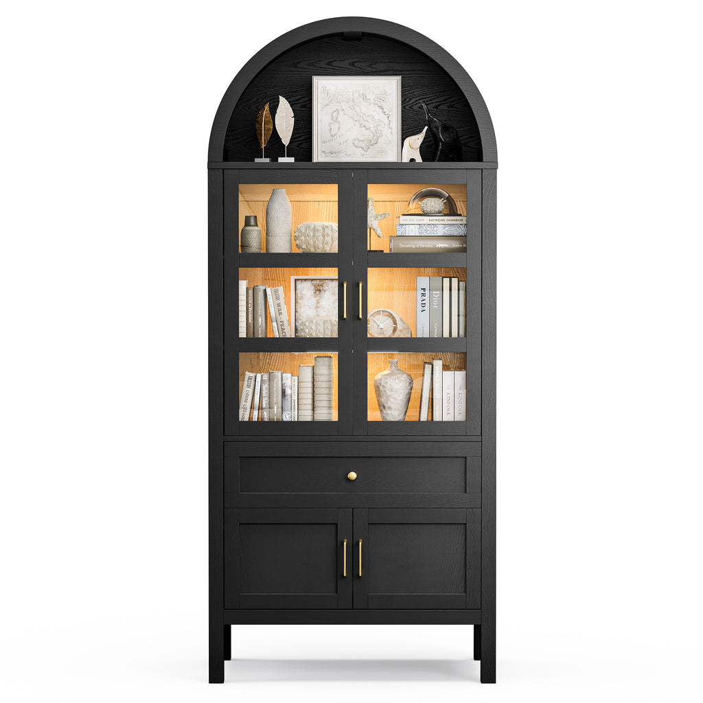 Cottinch 71" Tall Arched Bookshelf, Wood Display Cabinet with Glass Doors and Adjustable Shelves & LED Lights