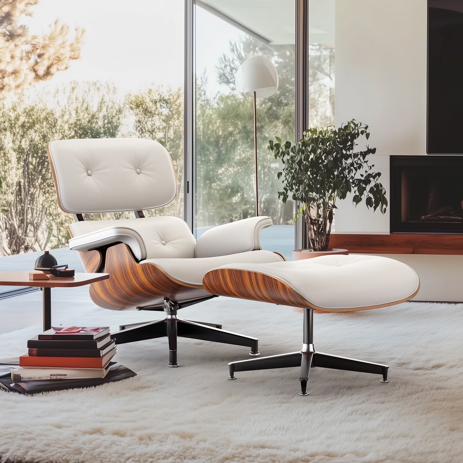 Mid-Century Chaise Lounge Chair with Ottoman Leather Armchair Swivel Accent Chair and Metal Base,Walnut Pattern,Black