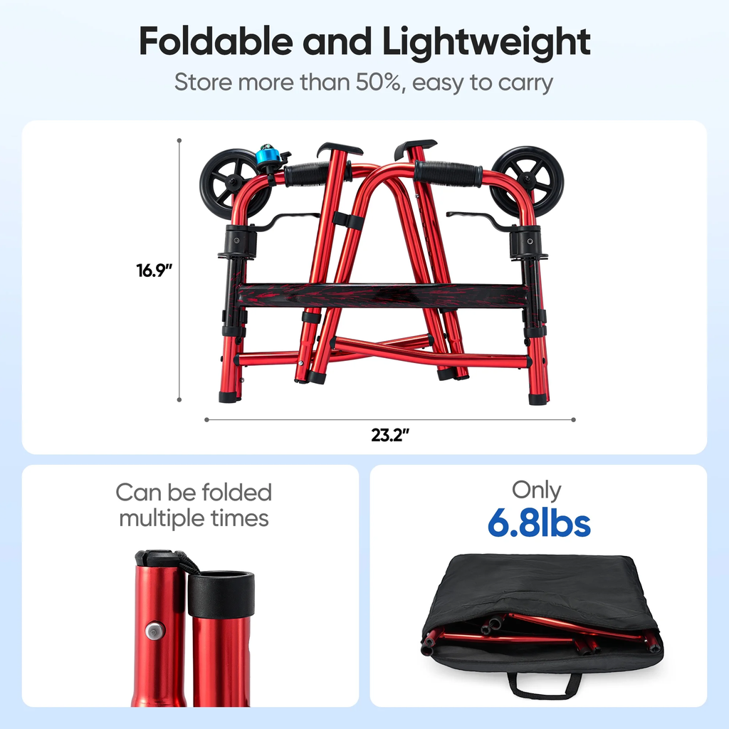Verpal Compact Foldig Walker with 5" Wheels, Adjustable Lightweight Mobility Aids Walker for Seniors, 350lb Weight Capacity, Red