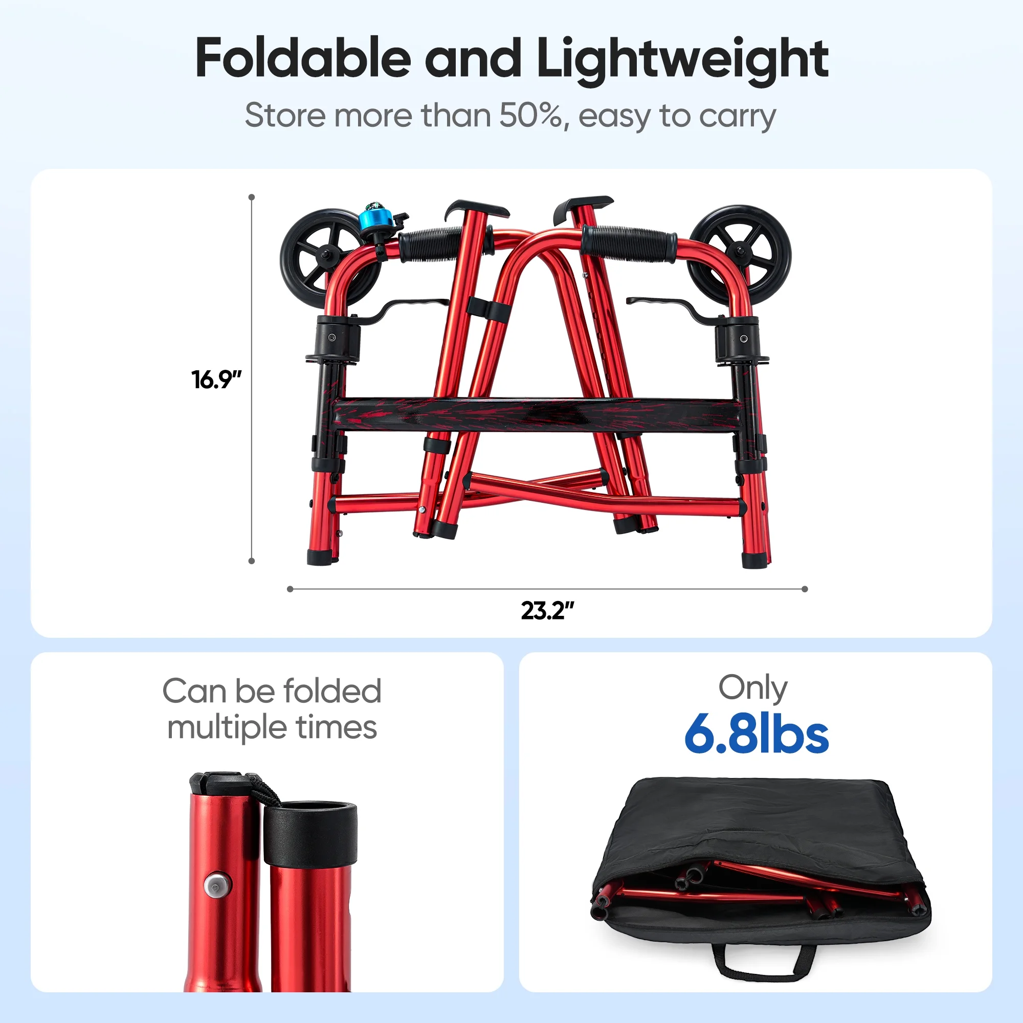 Verpal Compact Foldig Walker with 5" Wheels, Adjustable Lightweight Mobility Aids Walker for Seniors, 350lb Weight Capacity, Red