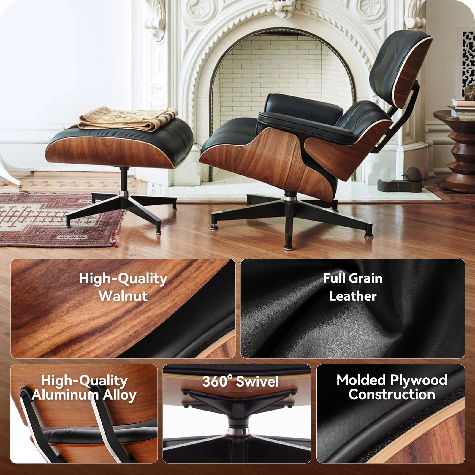 eChamp Swivel Accent Chair with Ottomans,Leather Chaise Lounge Chair and Ottoman,Single Sofa Armchair for Living Room Bedroom