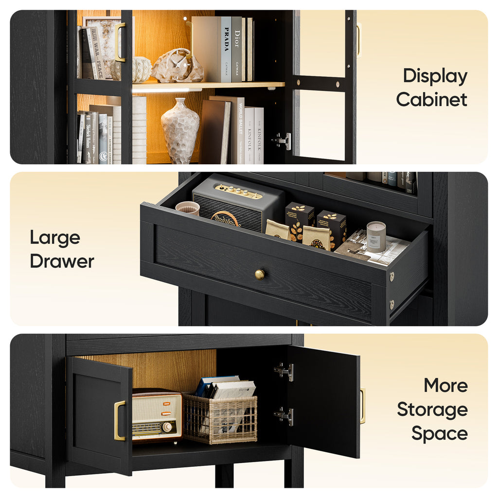 71" Tall Arched Bookshelf, Kitchen Pantry Storage Cabinet, 3-ier BooTkcase with 2 Glass Doors for Living Room, Kitchen, Home Office