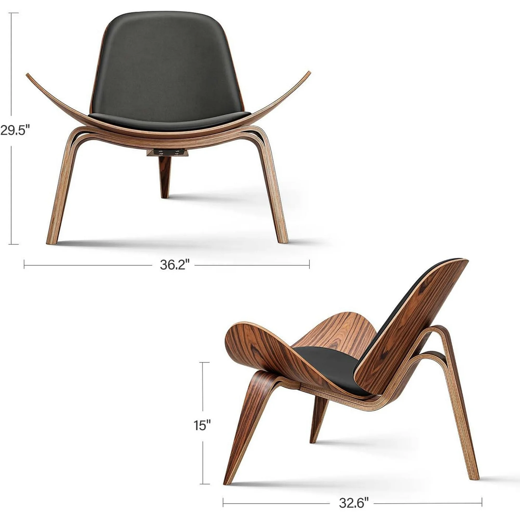 Cottinch Mid Century Modern Shell Lounge Chair, Tripod Plywood Design Solid Wood Accent Chair Black PU Leather Chair Armless Chair for Living Room, Reading, Lounge, Office, Rosewood