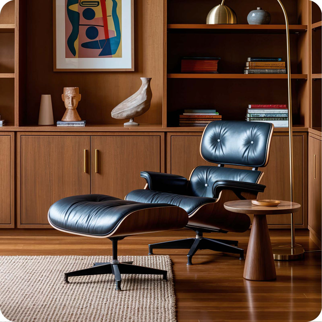 Cottinch Top Black Grain Leather, Mid Century Chaise Lounge Chair with Ottoman, Modern Leather Armchair Swivel Accent Chair and Metal Base for Living Room Office, Walnut Pattern