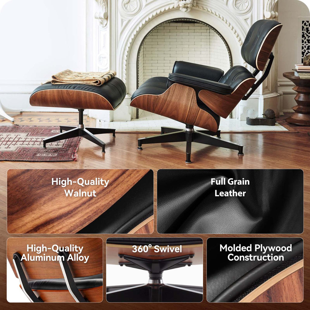 Cottinch Top Black Grain Leather, Mid Century Chaise Lounge Chair with Ottoman, Modern Leather Armchair Swivel Accent Chair and Metal Base for Living Room Office, Walnut Pattern